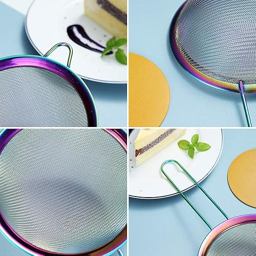 Vista 7 de Juego de 3 coladores de malla fina arco iris, tamiz de harina colorido para hornear, clandro de acero inoxidable, colador de té Matcha de varios
