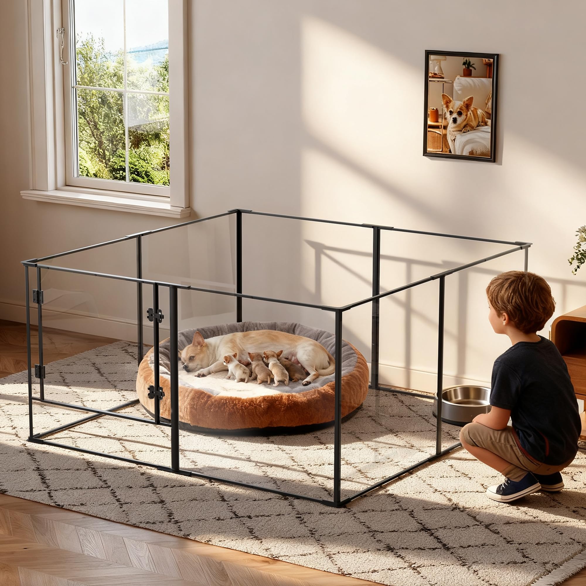 Vilanpaw Acrylic Dog playpen Indoor: Clear Puppy Pen for Small Medium Dogs Cats with Metal Frame - 8panels 24inch Tall Transparent pet Fence with Door for Rabbits Guinea Pig
