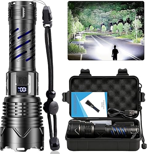 Karrong Linterna recargable, linterna de haz largo de alto lúmenes, linterna potente súper brillante, 5 modos, zoomable, impermeable, luz táctica