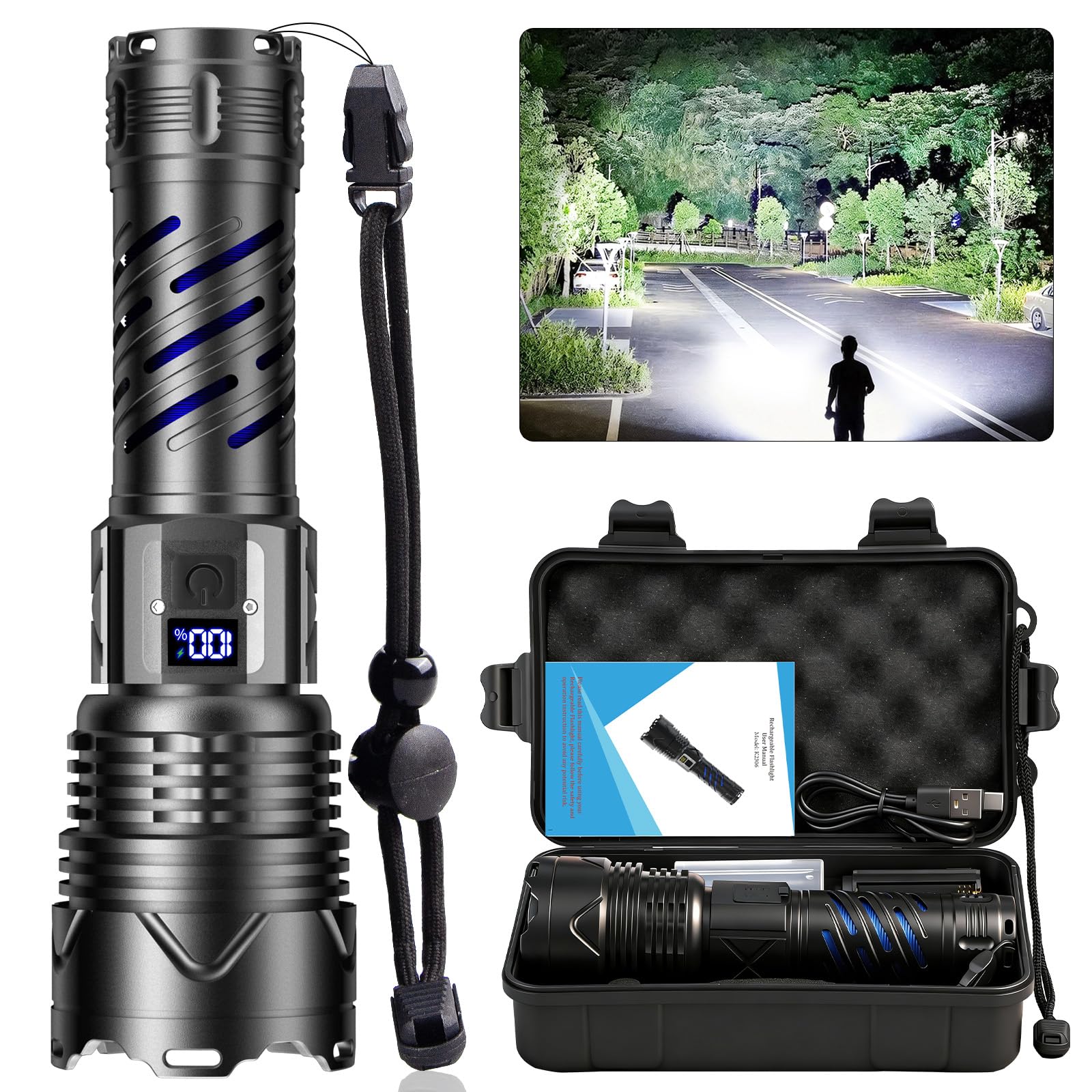 Karrong Rechargeable Flashlight, High Lumens Long Beam Super Bright Powerful Flashlight, 5 Mode, Zoomable, Waterproof, Tactical Light for Camping Hiking