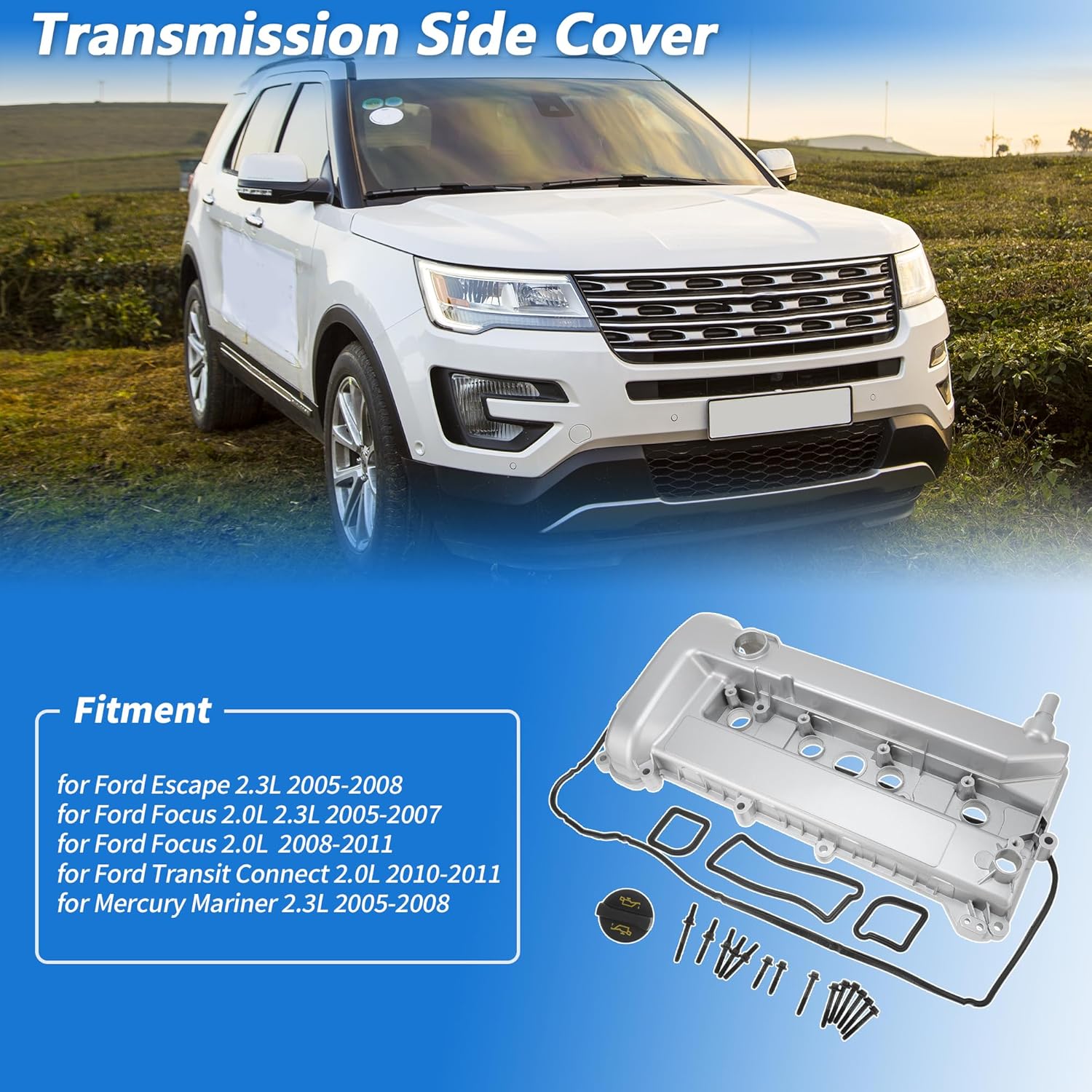 Upgrade Aluminum Alloy Engine Valve Cover for Ford Escape 2.3L 05-08 for Ford Focus 2.0L 08-11 Front Valve Rocker Cover with Gasket No.4S4Z-6582-CA/4S4Z-6582-C Silver Tone