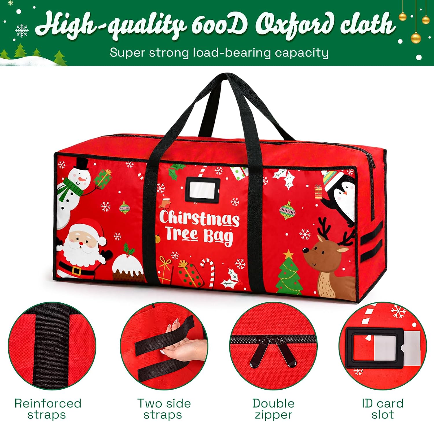 Christmas Tree Storage Bag, Fits Up 7.5 Ft Christmas Tree Durable 600D Oxford Holiday Storage Container with Wide Opening Dual Zippers (Snowman Penguin)