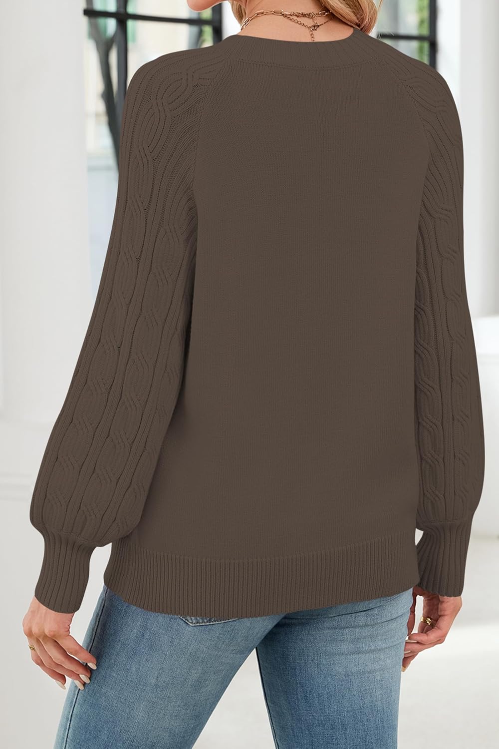 Cakulo Womens Fall Pullover Sweaters Chunky Cable Knit Sweater Lantern Sleeve Crewneck Fashion Knitted Tops 2025 - Image 5