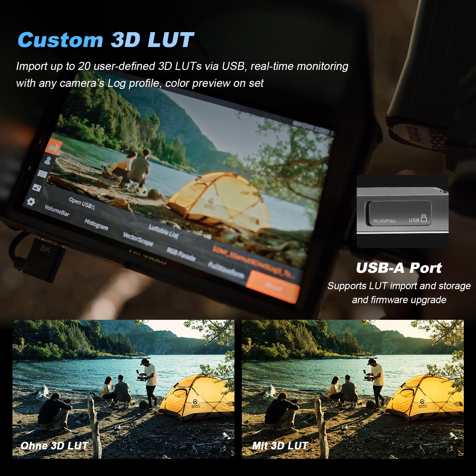 VILTROX DC-A1 Monitor da Campo per Fotocamera Schermo Tattile Esterno Camera Monitor 2800Nits Ad Alta Luminosità 7 Pollici 1920x1080 3D LUT con Ventola,Batteria,Parasole per Sony Canon Nikon Fuji DSLR