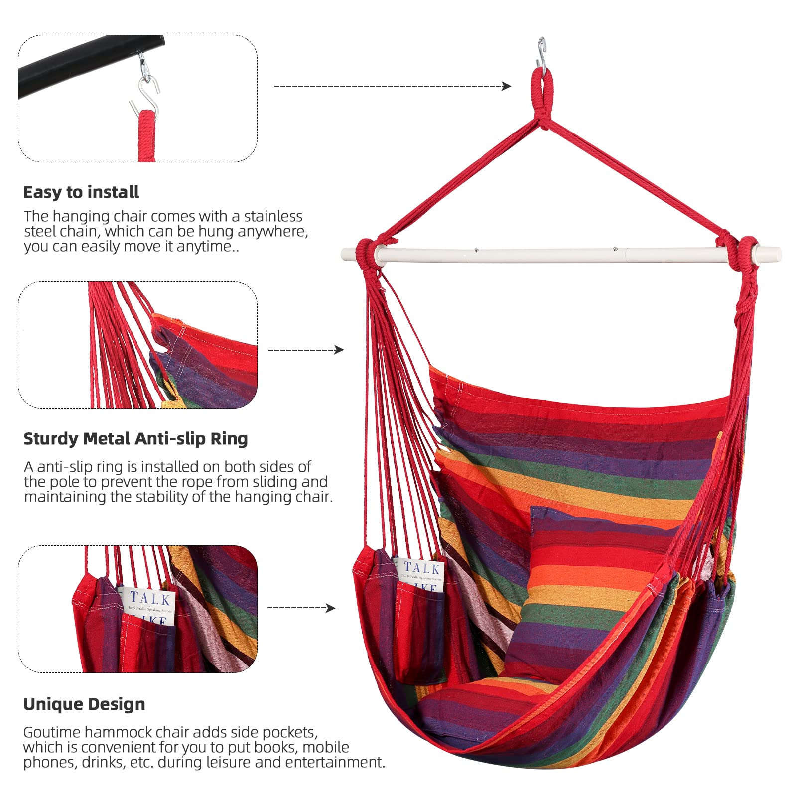 Goutime Poltrona Altalena Sospesa, Sedia a Dondolo in Cotone Morbido con 2 Cuscini e Borsa di Conservazione, Max Portata 150kg, Ideale per Camera da Letto, Patio, Giardino e Balcone (Arcobaleno)