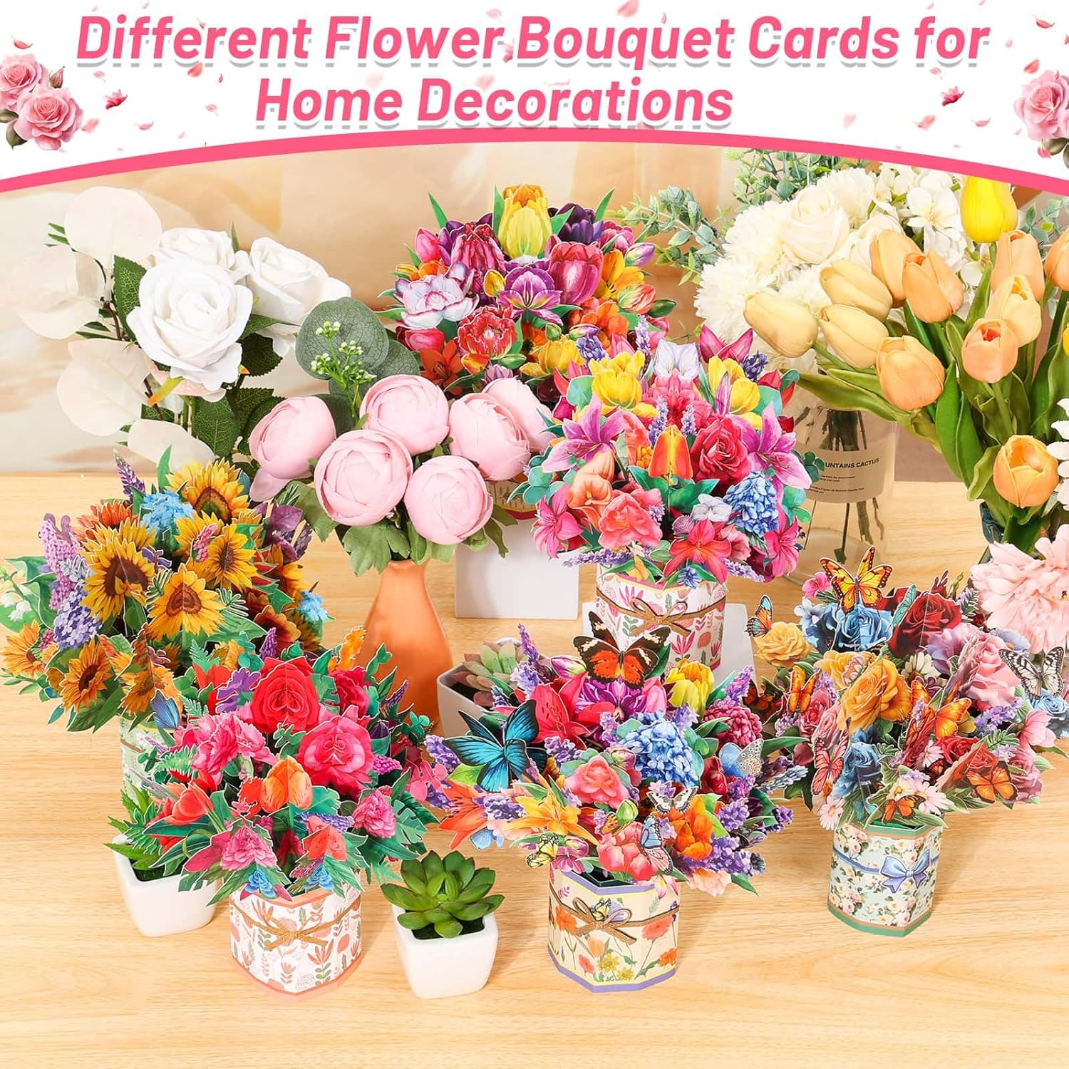 shynek 6 Pack Paper Flower Pop Up Cards, Flower Bouquet Card Popup 3D Greeting Cards for Mother's Day, Graduation, Anniversary, Birthday, Congratulations, Get Well, Home Decor, with Envelope and Note