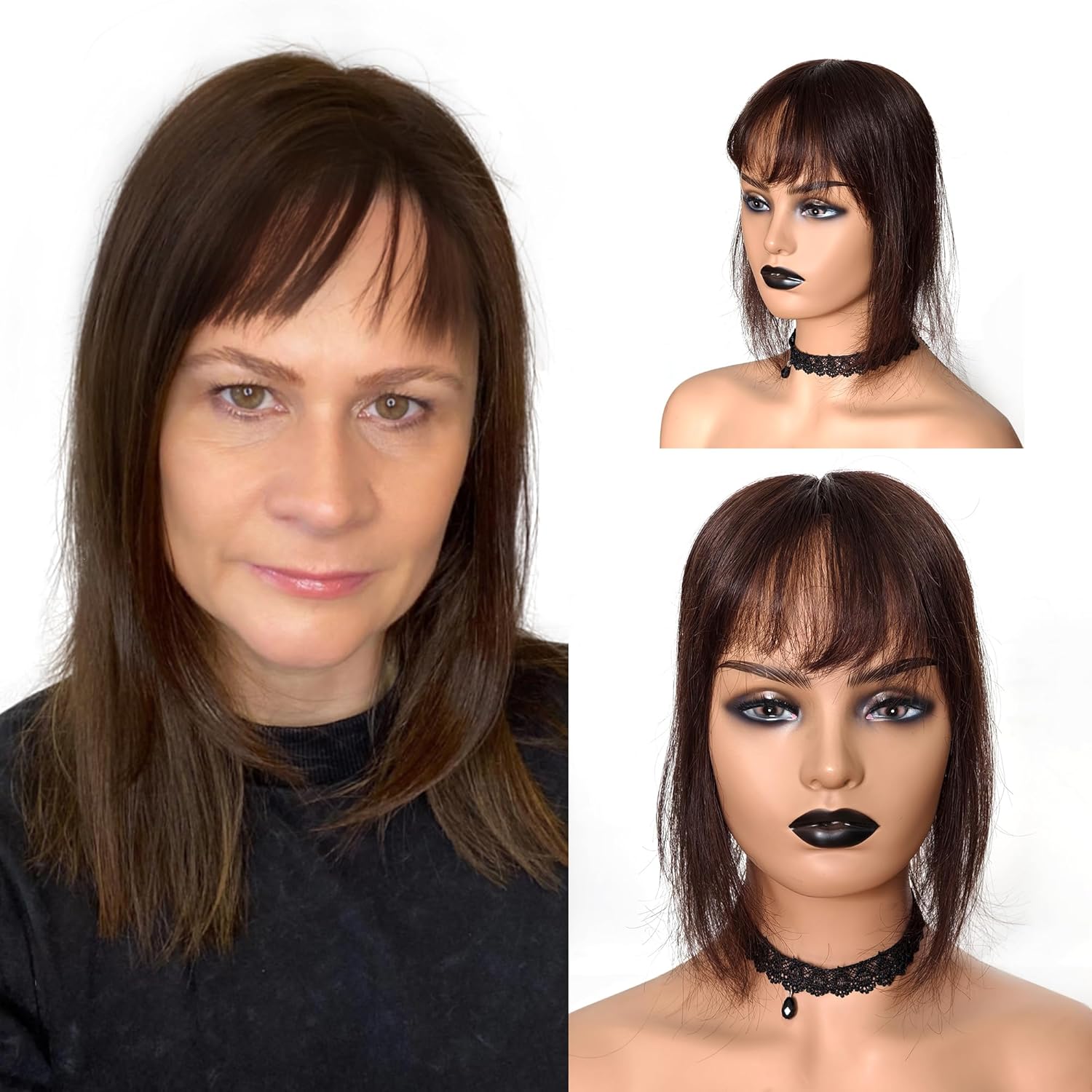 Hair Topper with Bangs Real Human Hair 100% Hand Tied Remy Hair 5x5.5 inch Soft Base Straight Hair Piece(Dark brown, Bangs 2#, 12 Inch)