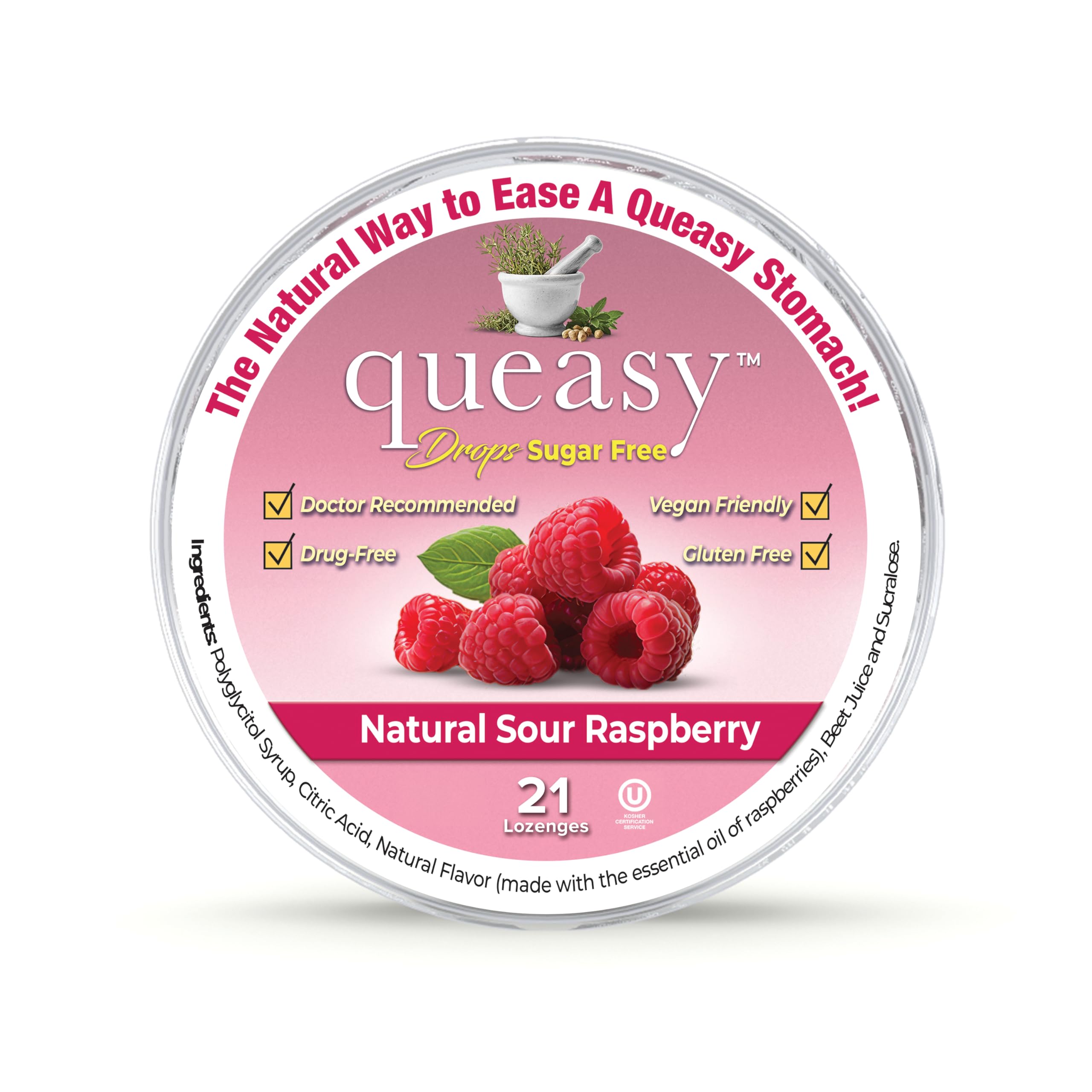 Three Lollies Queasy Drops Sugar Free - Natural Sour Raspberry Flavor - Ease Chemotherapy Nausea &amp; Travel Sickness, Alleviates a Dry Mouth, Natural Ingredients - 21ct