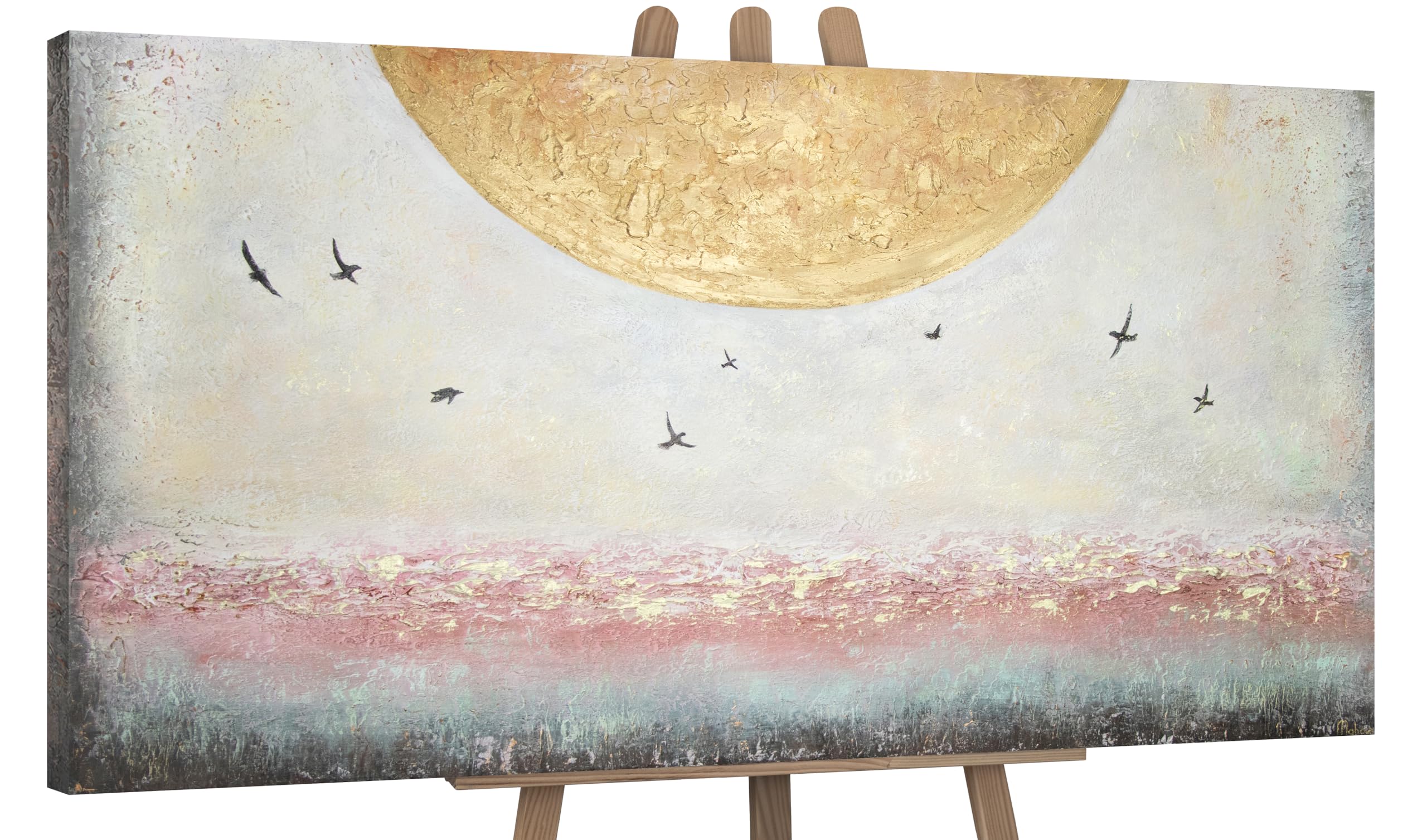 Ys With Stretcher Frame -Art Original Handmade Painting – Gold Sun Abstract Seascape, Textured Acrylic Artwork Motive Sunrise At Sea, Classic Wall Art For Home Or Office 63X32 Inch