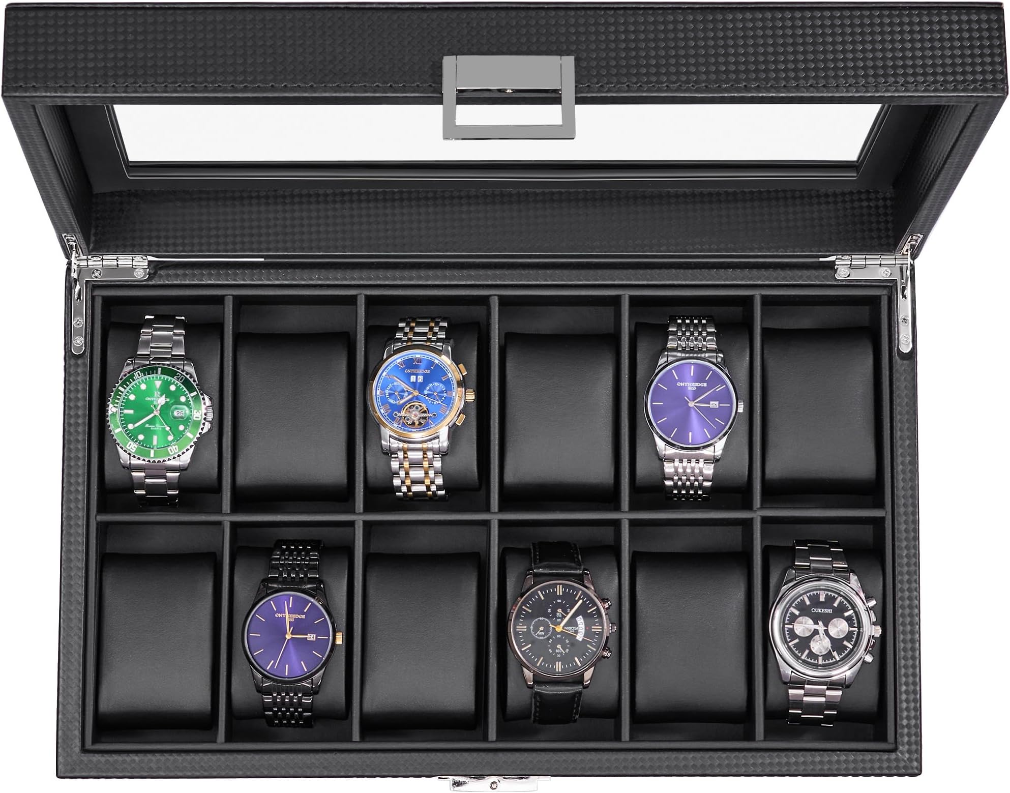 BEWISHOME Watch Case, 12-Slot Watch Box with Large Glass Lid, Watch Case for Men Watch Box Organizer, Mens Jewelry Box Removable Watch Pillows, Black Synthetic Leather, SSH08C