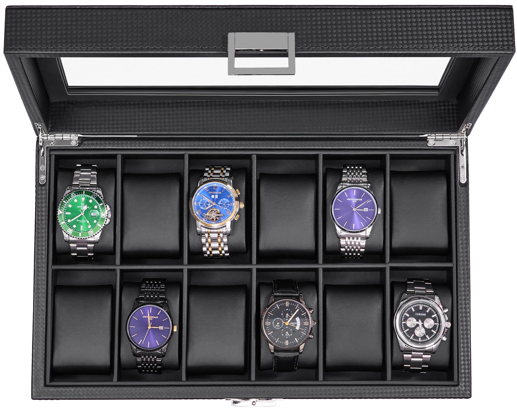 Sponsored Ad - BEWISHOME Watch Case, 12-Slot Watch Box with Large Glass Lid, Watch Case for Men Watch Box Organizer, Mens Jewelry Box Removable Watch Pillows, Black Synthetic Leather, SSH08C