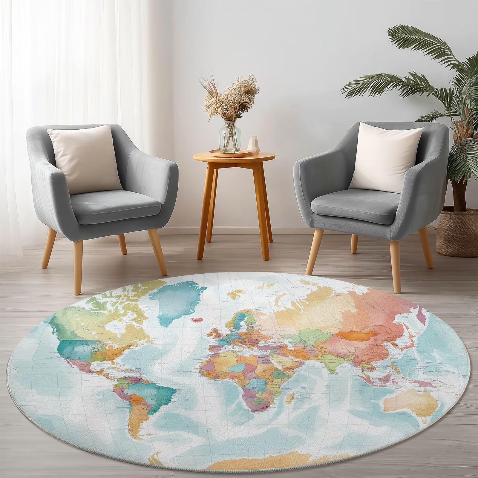 Tappeto Rotondo Salotto, Morbido Mappa Del Mondo Ad Acquerello Tappetini Antiscivolo lavabile in lavatrice, Tappeto per Bambini Cameretta Cucina Casa Zona Balcone Tappet Tavolino 160 cm, Bianco
