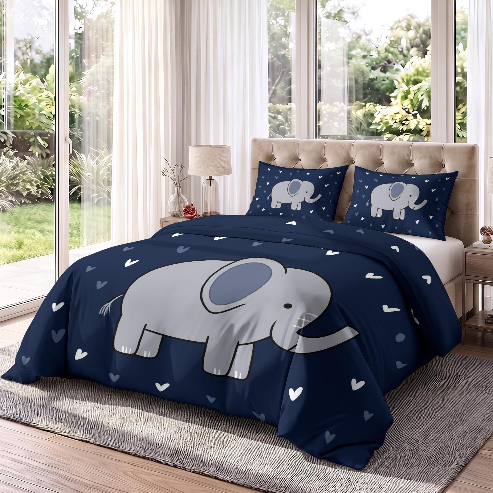 Bettwäsche 135x200 cm Kawaii minimal Elefant Herzen in Marineblau 2-teilig