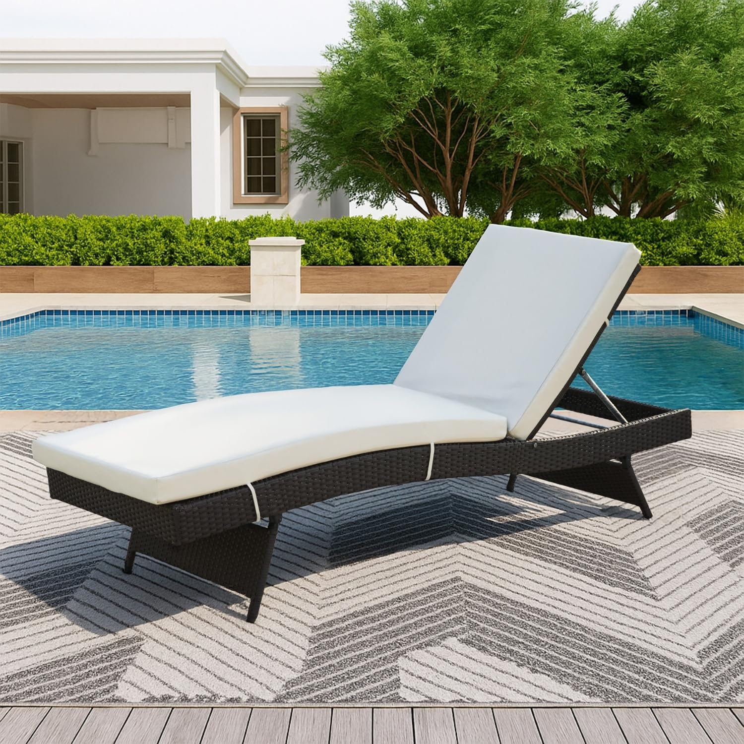 DEVOKO Outdoor All-Weather Rattan Wicker Lounger for Garden, Deck, Lawn, Poolside, Balcony (Dark Brown & Off-White)