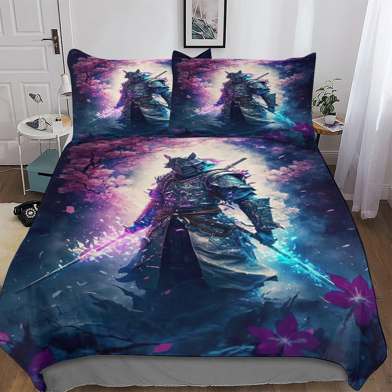 Japanese Samurai Duvet Cover Set 3D Bedding Set Microfiber Comforter Cover 3pcs with Pillow Shams, Zipper, Soft Lightweight Quilt Covers for Kids, Youth And Adult King (220x240cm)