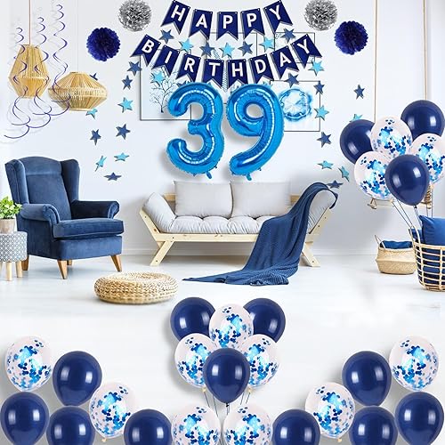 Miniatura 49 de Decoraciones de fiesta de cumpleaños azul número 16 para niños y niñas, suministros de globos de feliz cumpleaños 16 con pancarta de feliz