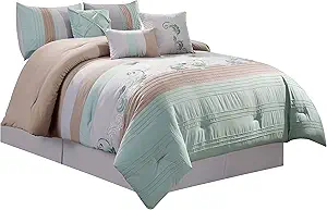 Chezmoi Collection Napa 7-Piece Luxury Leaves Scroll Embroidery Bedding Comforter Set (California King, Green/Beige/Light Gray)
