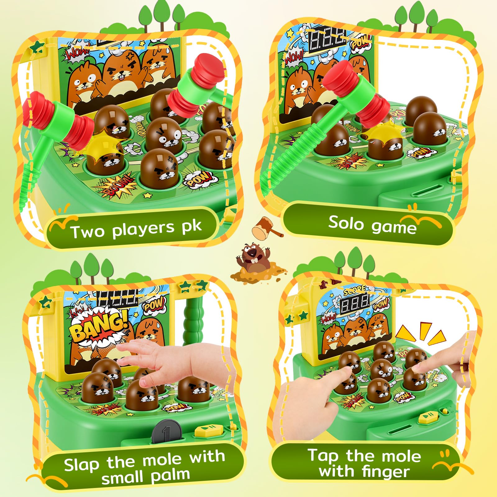 Gioco Colpisci la talpa per bambini Giocattolo musicale interattivo con 2 martelli per promuovere le capacità motorie Giocattolo educativo con luci ed effetti sonori, gioco arcade display LCD, verde