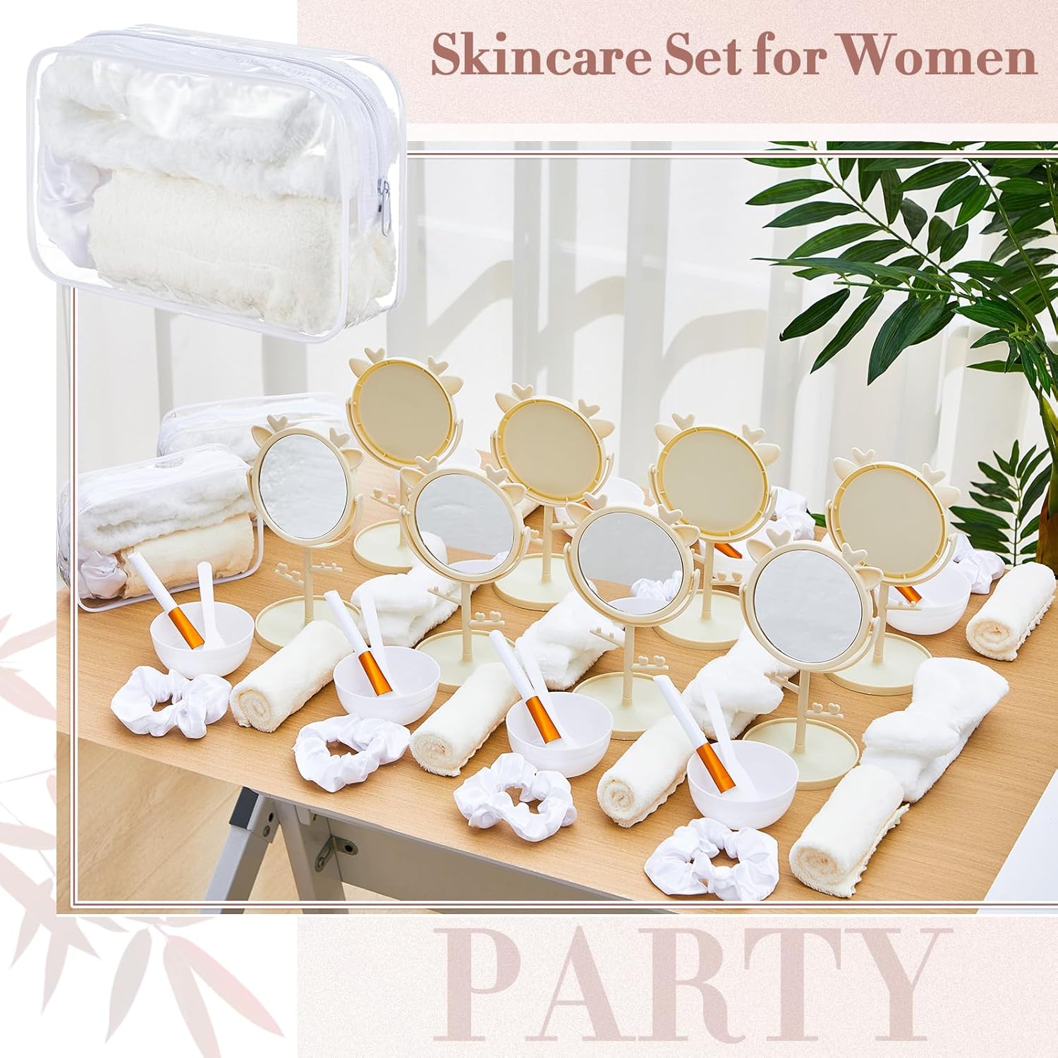 8 Set Spa Sleepover Party Supplies Bulk, Include Face Mask Mixing Bowl Set, Mirror, Headband, Scrunchies, Cosmetic Bags, Face Wash Cloths for Spa Birthday Party (White)