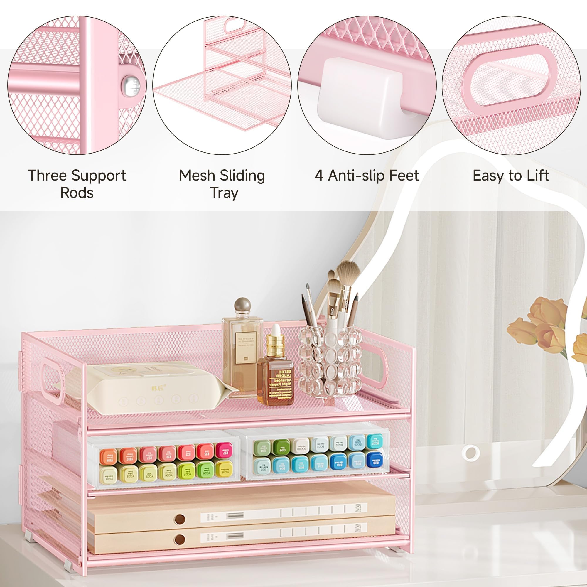 VITVITI Organiseur de Bureau 3 Étages avec Poignée, Pochette A4, Rangement Treillis Métallique Rose