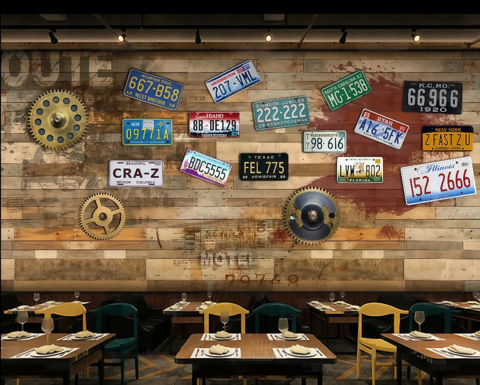 Tapeta retro drewniana tablica tablica rejestracyjna graffiti litery tematyczne bar sklep z napojami zachodnia restauracja tło fototapeta popołudniowa herbata kawiarnia tapeta 3D, 250 x 175