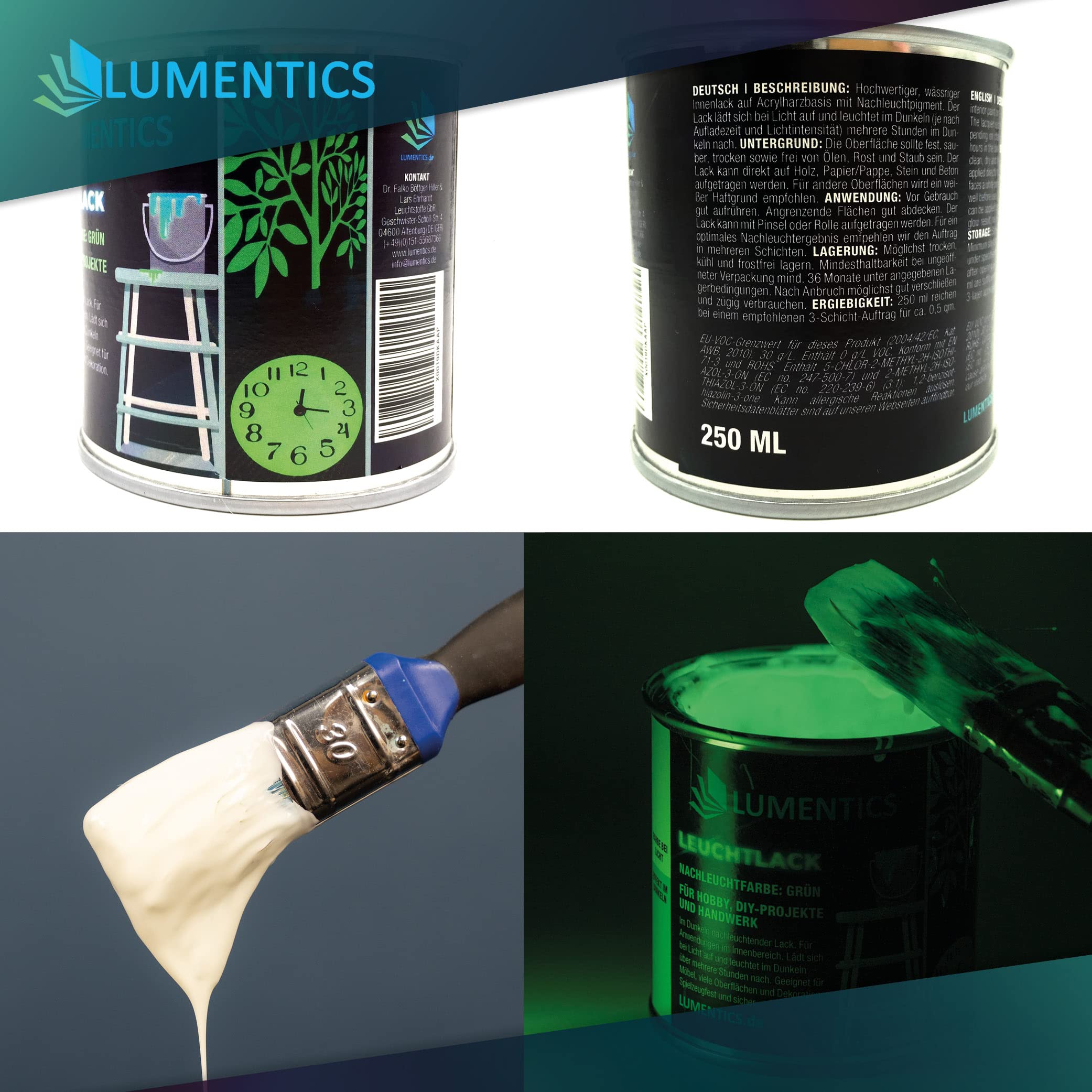 LUMENTICS Lack nachleuchtend grün 250ml - Leuchtet im Dunkeln - Selbstleuchtende Farbe auf Acrylbasis - Leuchtfarbe phosphoreszierend- Made in Germany