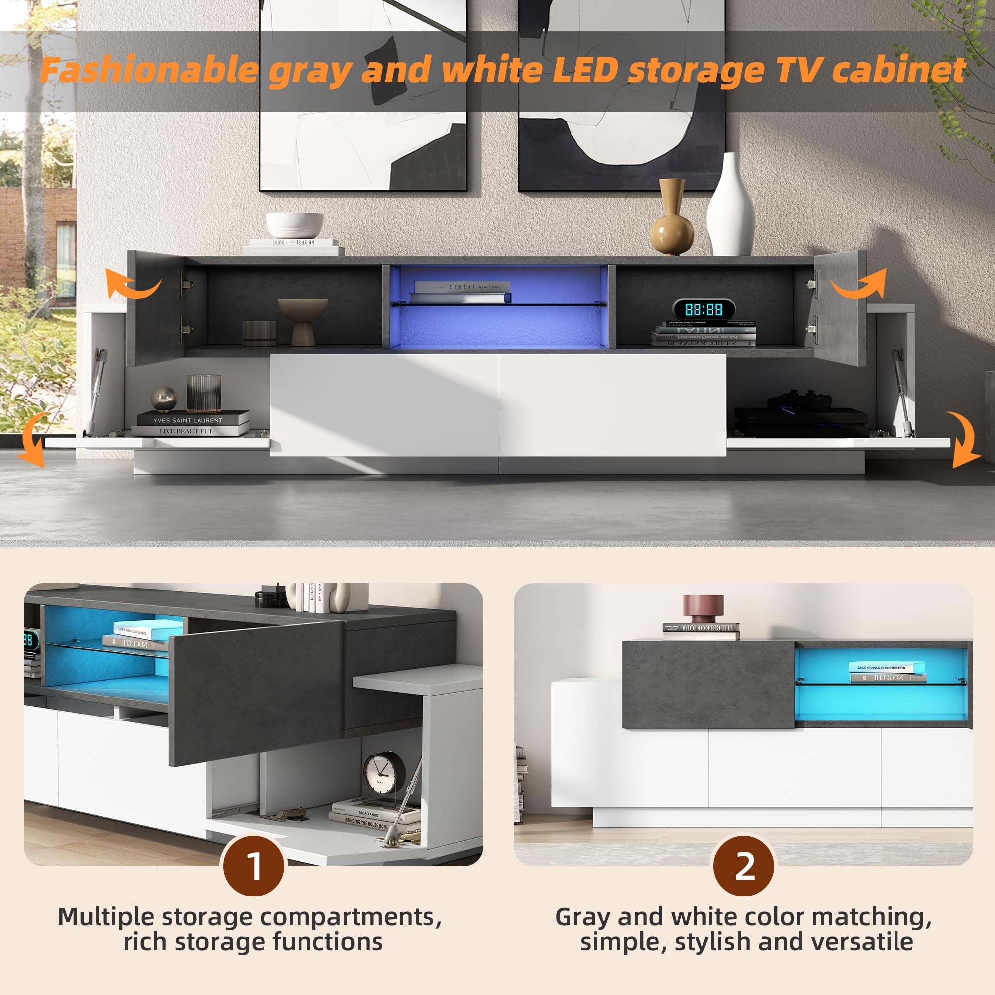 Azkoeesy Mobile TV con illuminazione a LED, 180 cm, colore bianco e grigio marmo, moderna console TV con ripiani in vetro e molto spazio per il soggiorno (4 ante + 2 cassetti)