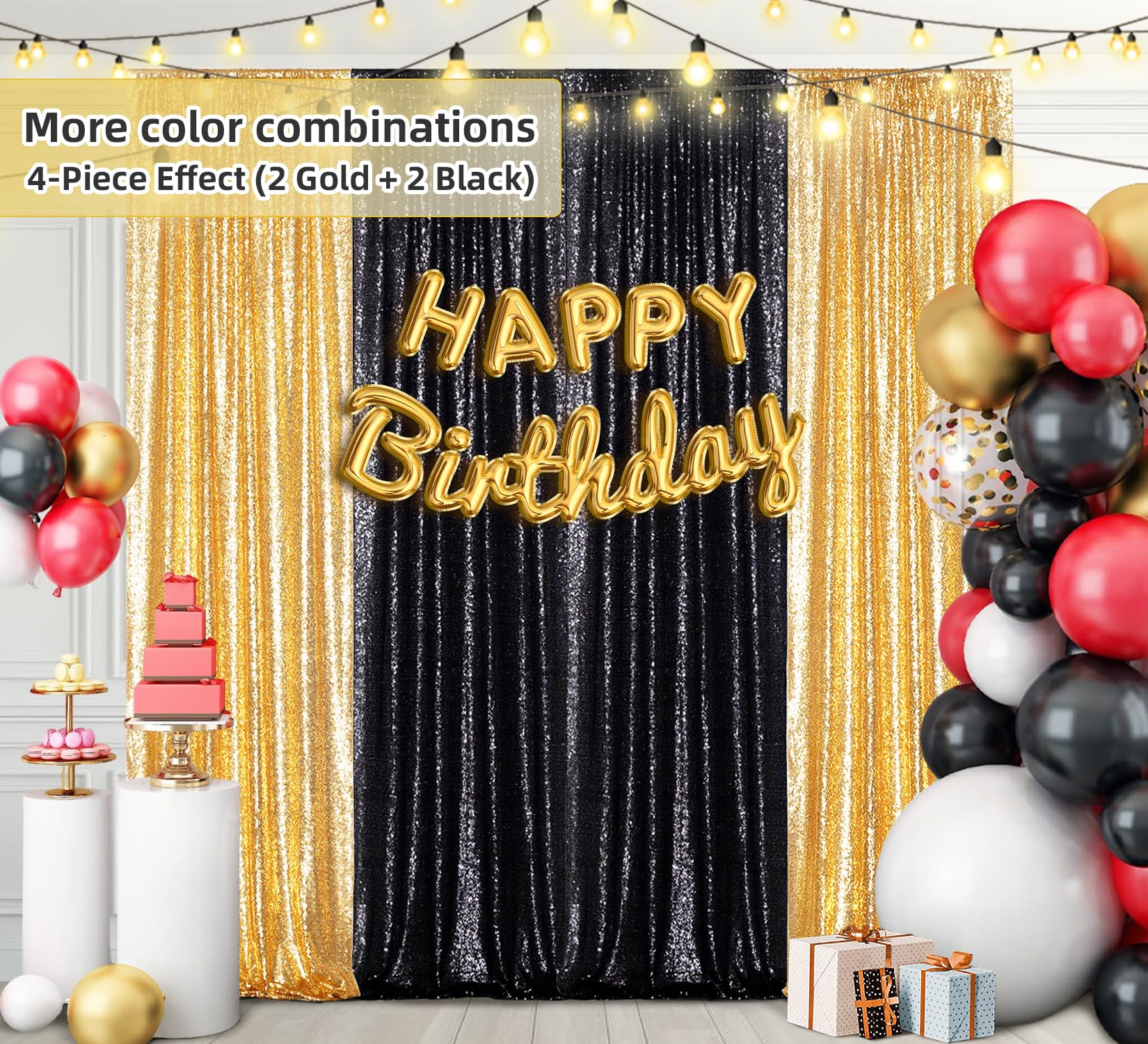 Juya Delight - Tenda per sfondo fotografico con paillettes, 0,6 x 2,4 m, 2 pezzi, colore: Oro