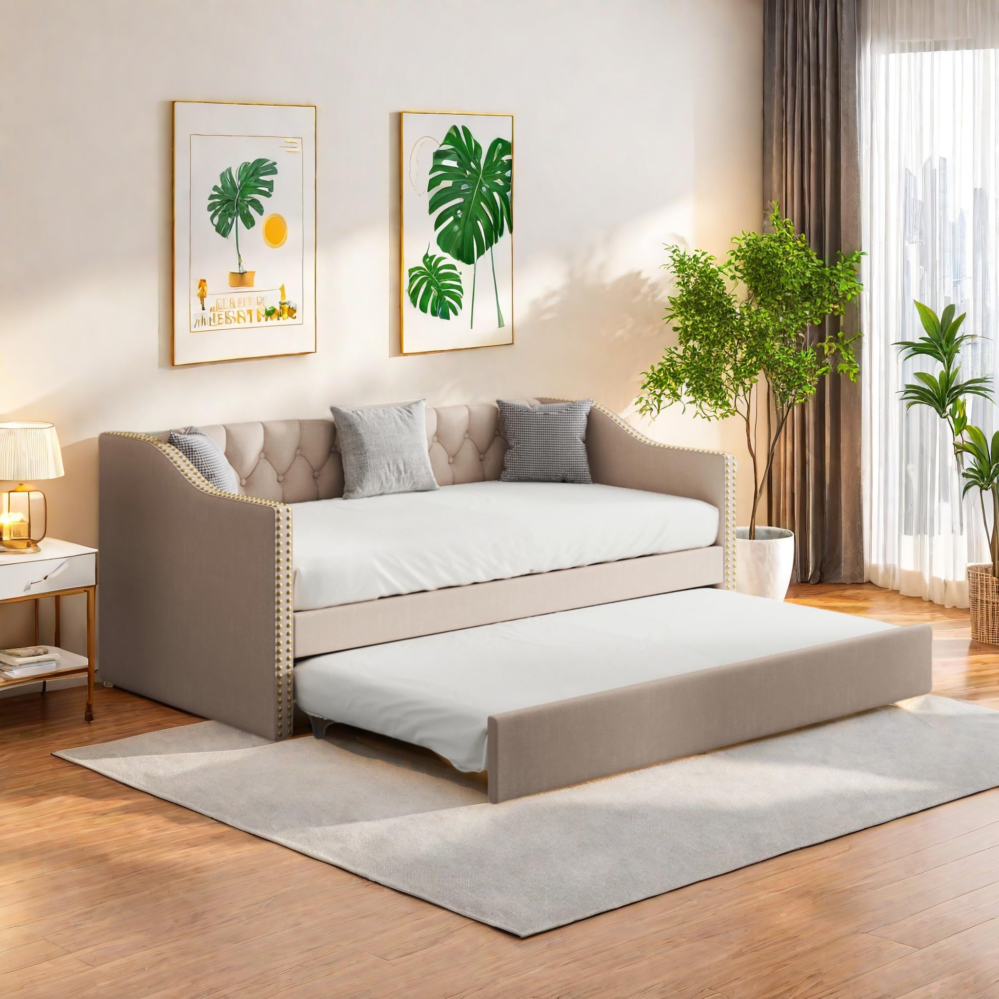 Canapé-lit Gigogne 90x200 Cm - Convertible En Lit Double, Accoudoirs Épais, Tissu Lin Gris - Sans Matelas - Pour Studio, Chambre Ado, Appartement