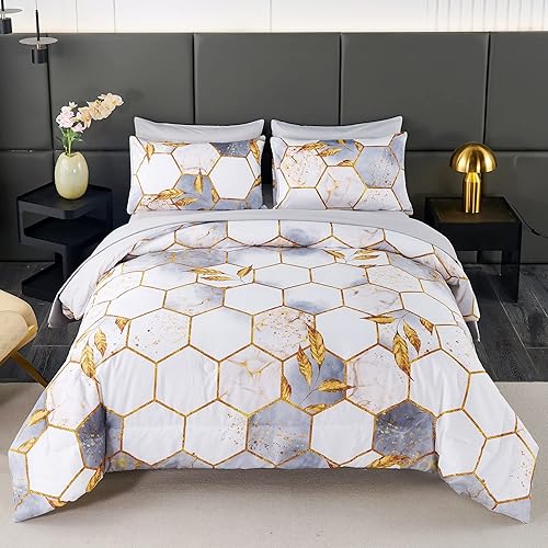7 Pieces White and Gold Comforter Set King, Geometric Bed Comforter Set Foil Print Bed Set with sheets, Ultra Soft Lightweight Bed in A Bag for All Season (White King)