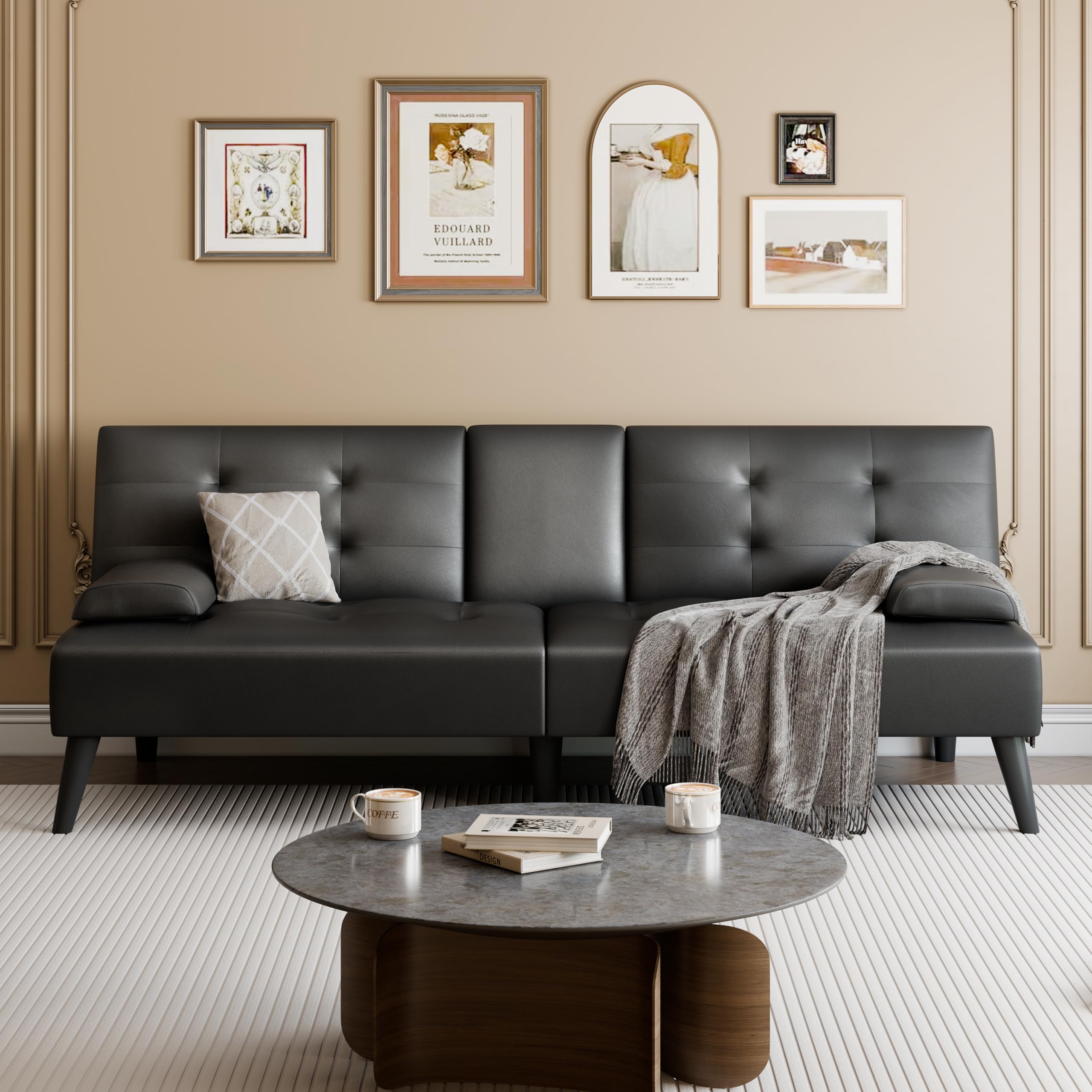 64" Futon Sofa Bed, Small Loveseat with 2 Cup Holders, Small Couch with 3 Adjustable Angles & Removable Armrest, Small Sofa for Small Space (PU Leather, Black)