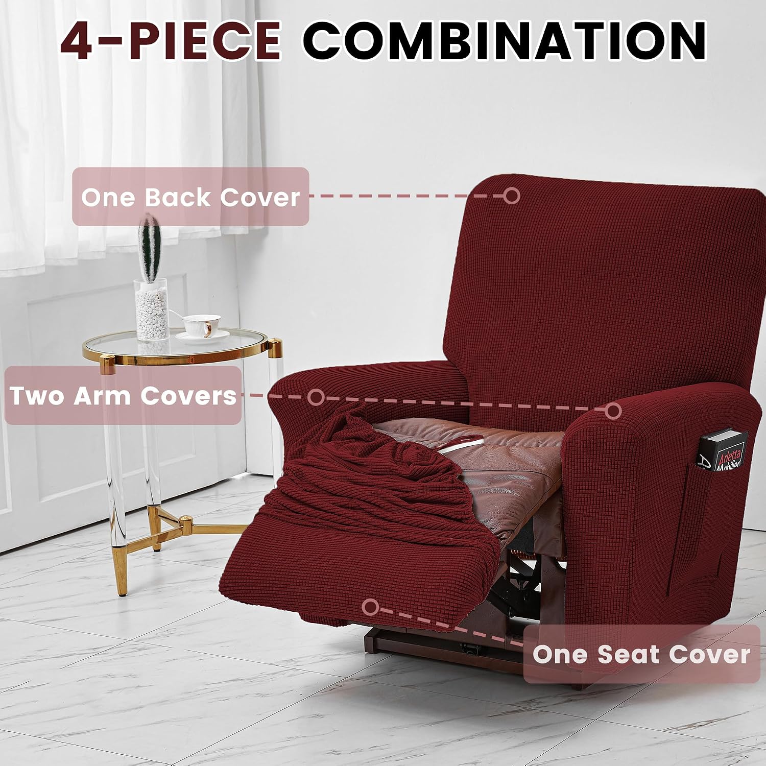 Qubjus Recliner Chair Covers Stretch Sofa Slipcover 4 Pieces Sofa Cover Furniture Protector Soft Classic Elastic Couch Covers with Pocket, Burgundy