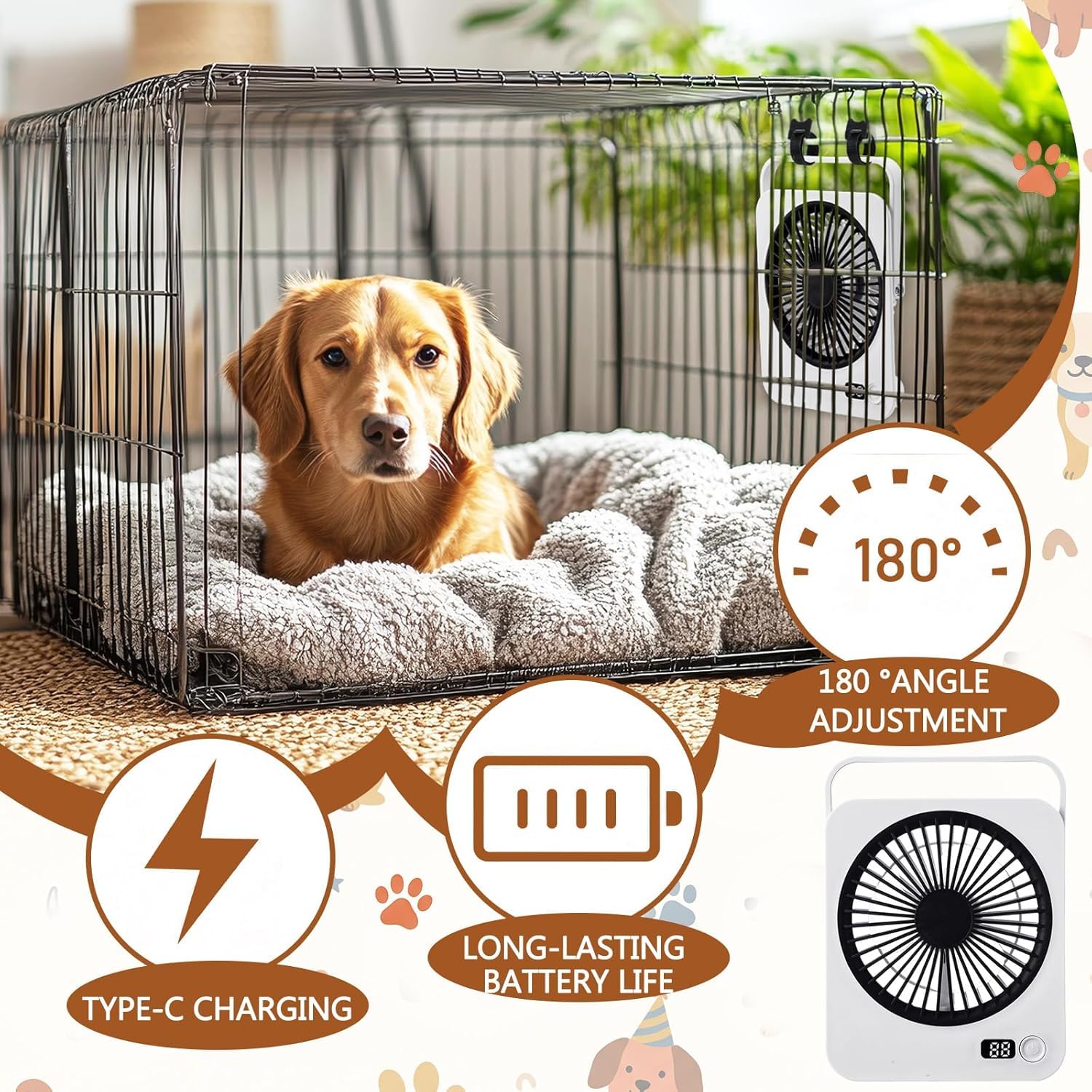 Ventola di raffreddamento per animali domestici, ricaricabile e alimentata tramite USB, ultra silenziosa, a 5 velocità, per gabbie, trasportini e cucce, include fascette riutilizzabili (versione 2025