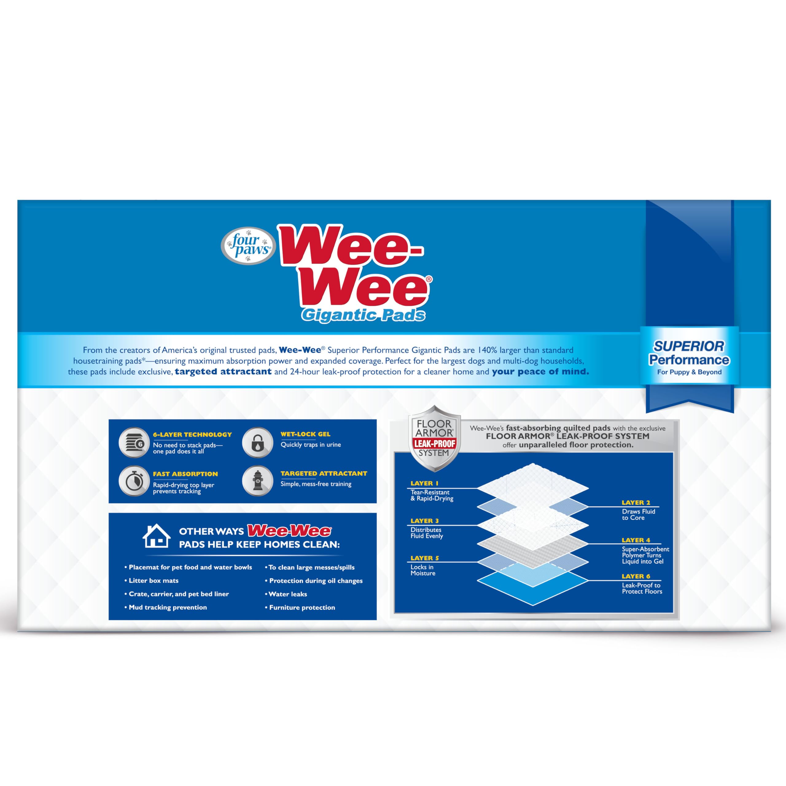 Four Paws Wee-Wee Superior Performance Gigantische Urinierunterlagen für Hunde – Welpen- und Hundeunterlagen für Töpfchentraining – Hundezubehör – 69,8 x 111,8 cm (50 Stück)