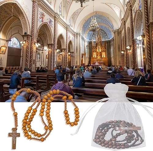 Miniatura 5 de Juego de 80 cuentas de rosario de madera a granel, rosarios católicos de Jesús, Santa Cruz, Primera Comunión, Rosario tallado en madera con bolsas