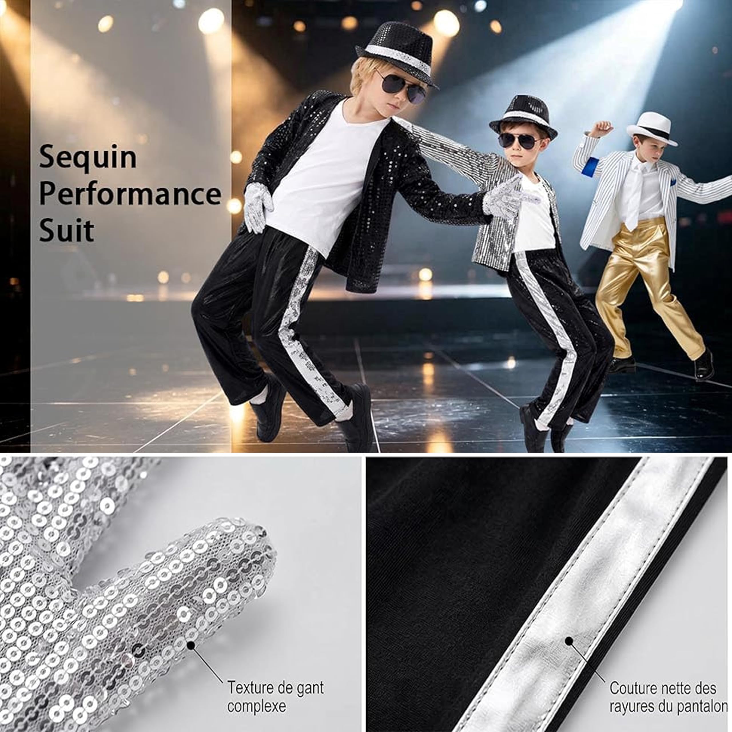 Costume Pop Star Anni '80 '90 per Bambini Ragazzi 4-10 Anni, Set 6 Pezzi con Giacca Nera con Paillettes, Pantaloni, Cappello, Guanto – Spettacoli Halloween, Gli Anni in Bianco E Nero Cosplay