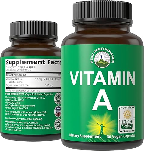Peak Performance Suplemento orgánico certificado de vitamina A de 5000 UI cápsulas de vitaminas de alta potencia hechas con jugo de zanahoria