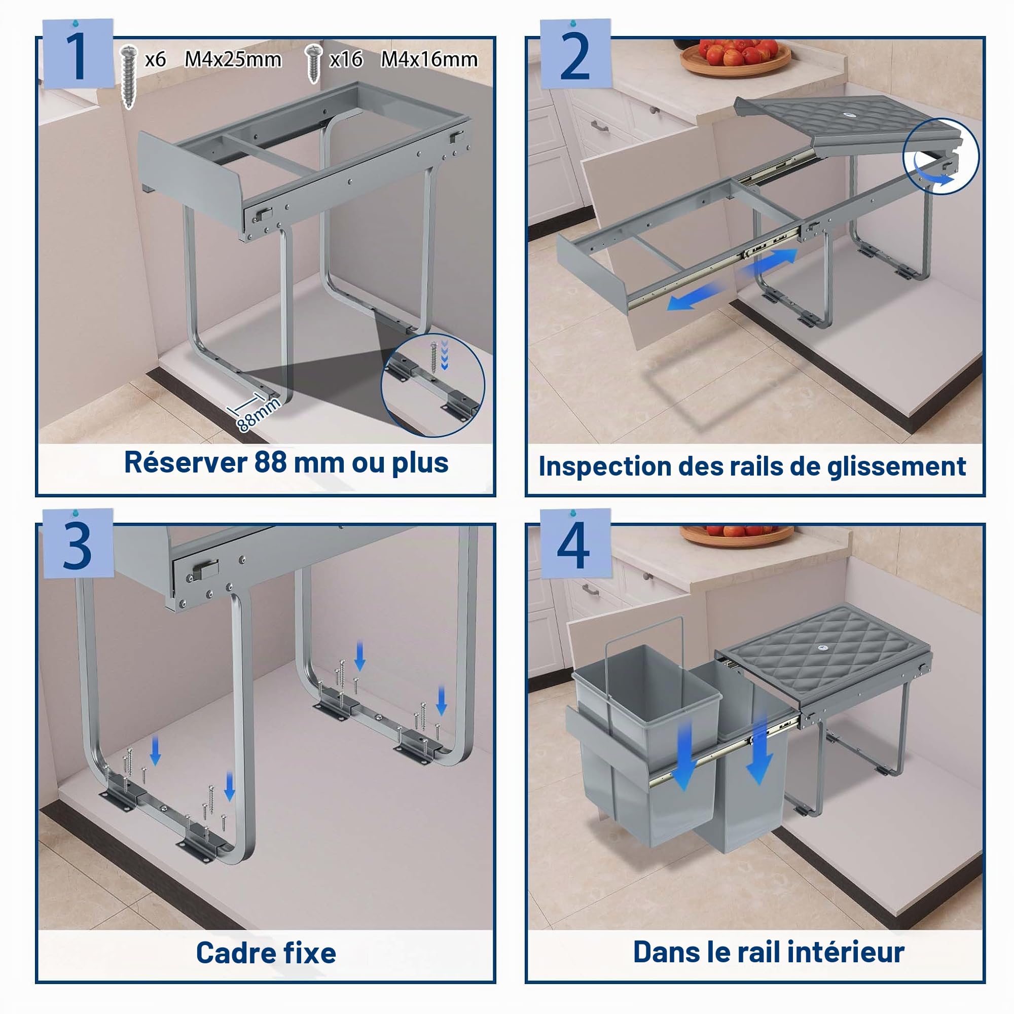 Système de poubelle encastrable à 2 compartiments - 2 x 20 l - Poubelle extensible avec rails télescopiques - Système de tri des déchets amovible - Gris - 48 x 34,2 x 41,8 cm