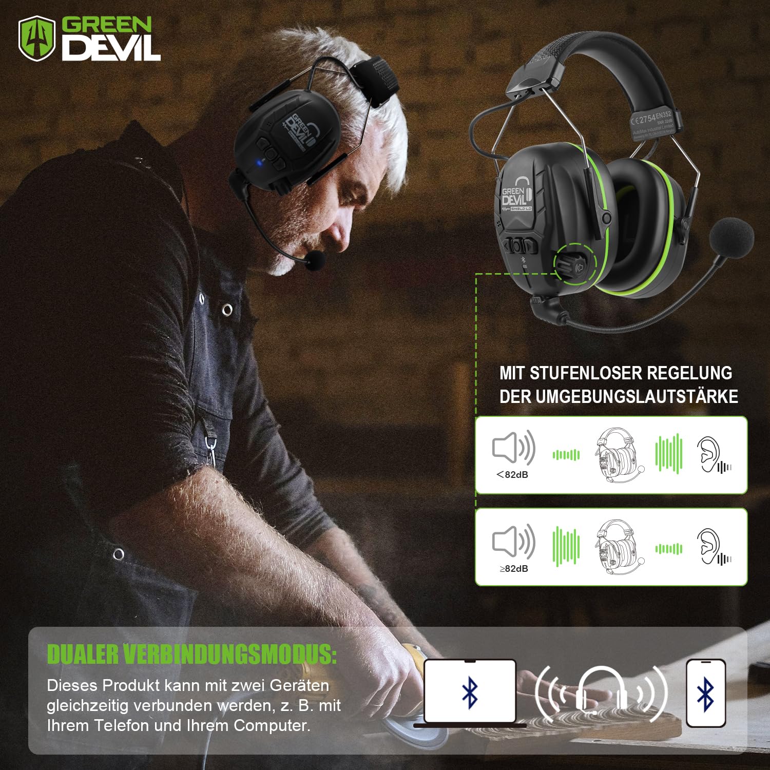 GREEN DEVIL Shield LD Aktiver Gehörschutz - elektronischer Gehörschützer mit Bluetooth 5.3 Technologie Integriertes Mikrofon EN352-konforme SNR 32dB für Mähen und Lärmintensive