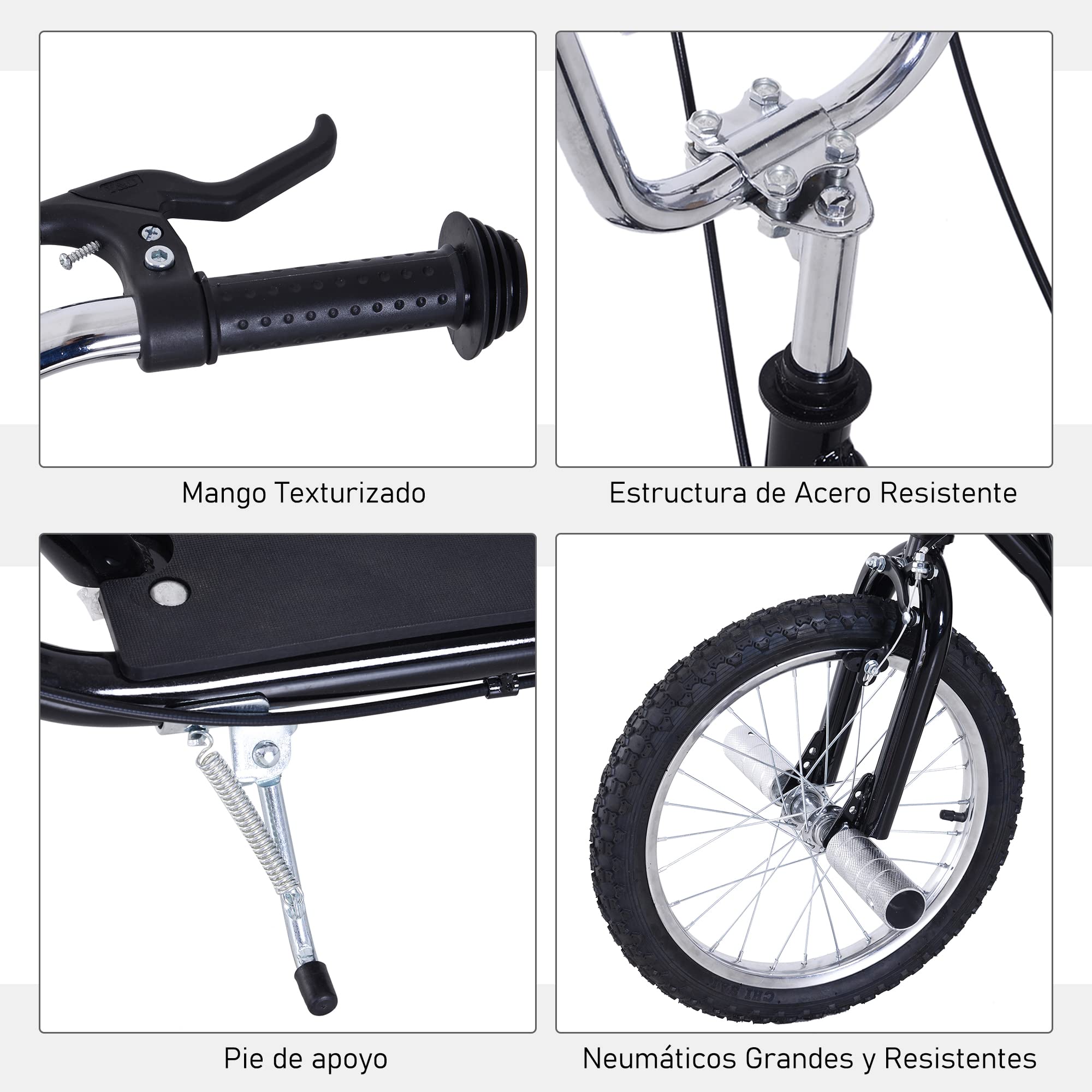 HOMCOM Patinete Scooter 2 Ruedas 16 Pulgadas 4 PEGS Estribos Freno Caballete para Niños Mayores de 5 Años Carga 100 kg Color Negro