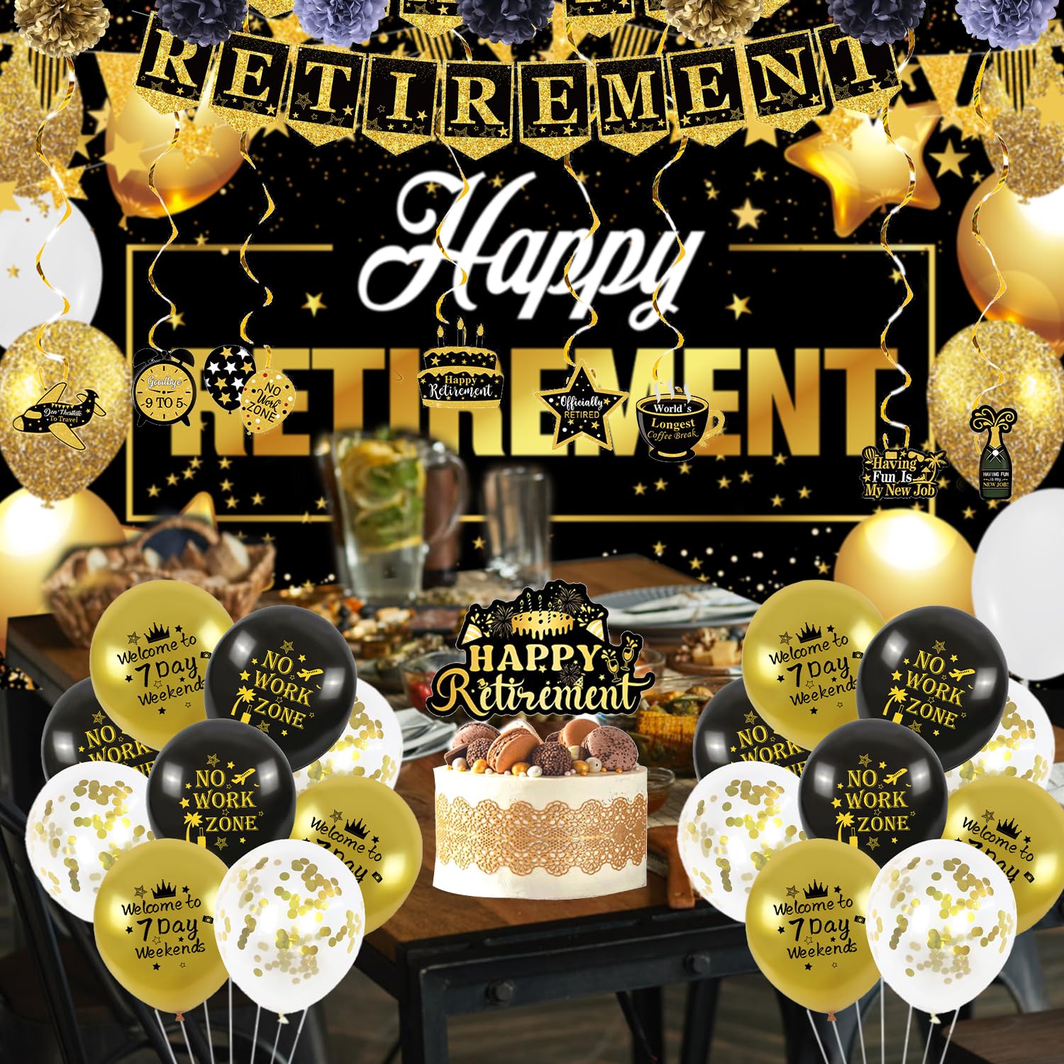 Happy Retirement Party Decorations, Includes Happy Retirement Banner Backdrop, Banner, Retire Poster, 8 Hanging Swirls - Image 2