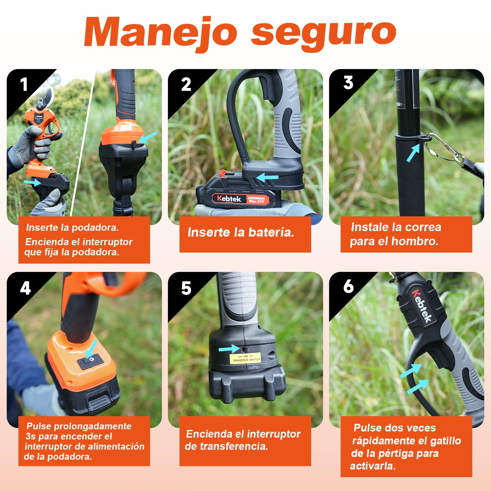 Kebtek Extensión de Mango telescópico para Tijeras de podar eléctricas | Eleskopstange 4,2-8,2 ft para B06640 Podadora batería Jardinería árbol rama alta rama extendida rango de corte B0-Pole