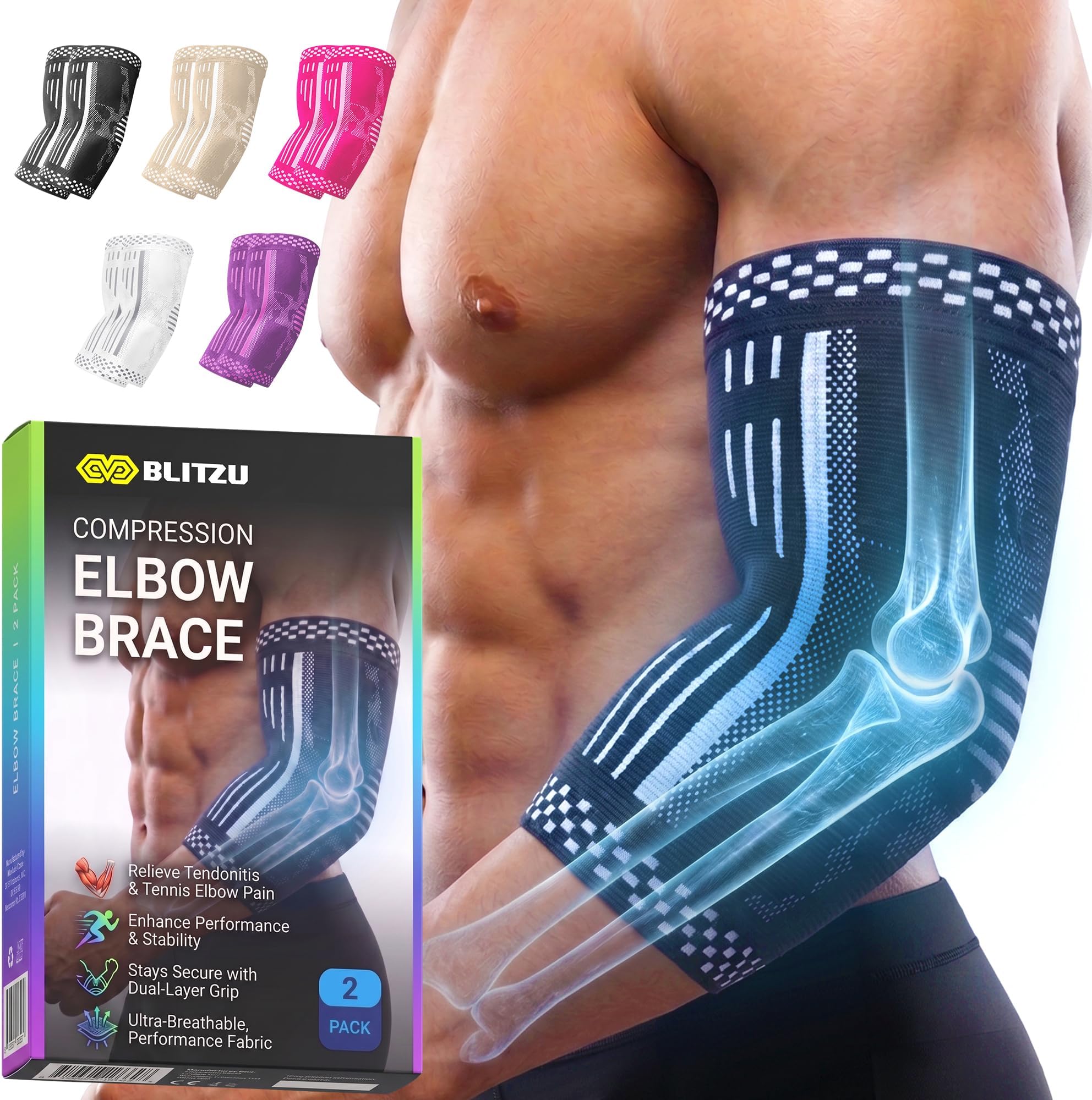 BLITZU Elbow Compression Sleeve for Tendonitis 2 Pack, Tennis Elbow Brace Support for Men and Women Golfers Elbow Pain Relief, Arthritis, Bursitis, Arm Brace for Workout, Weightlifting Black M