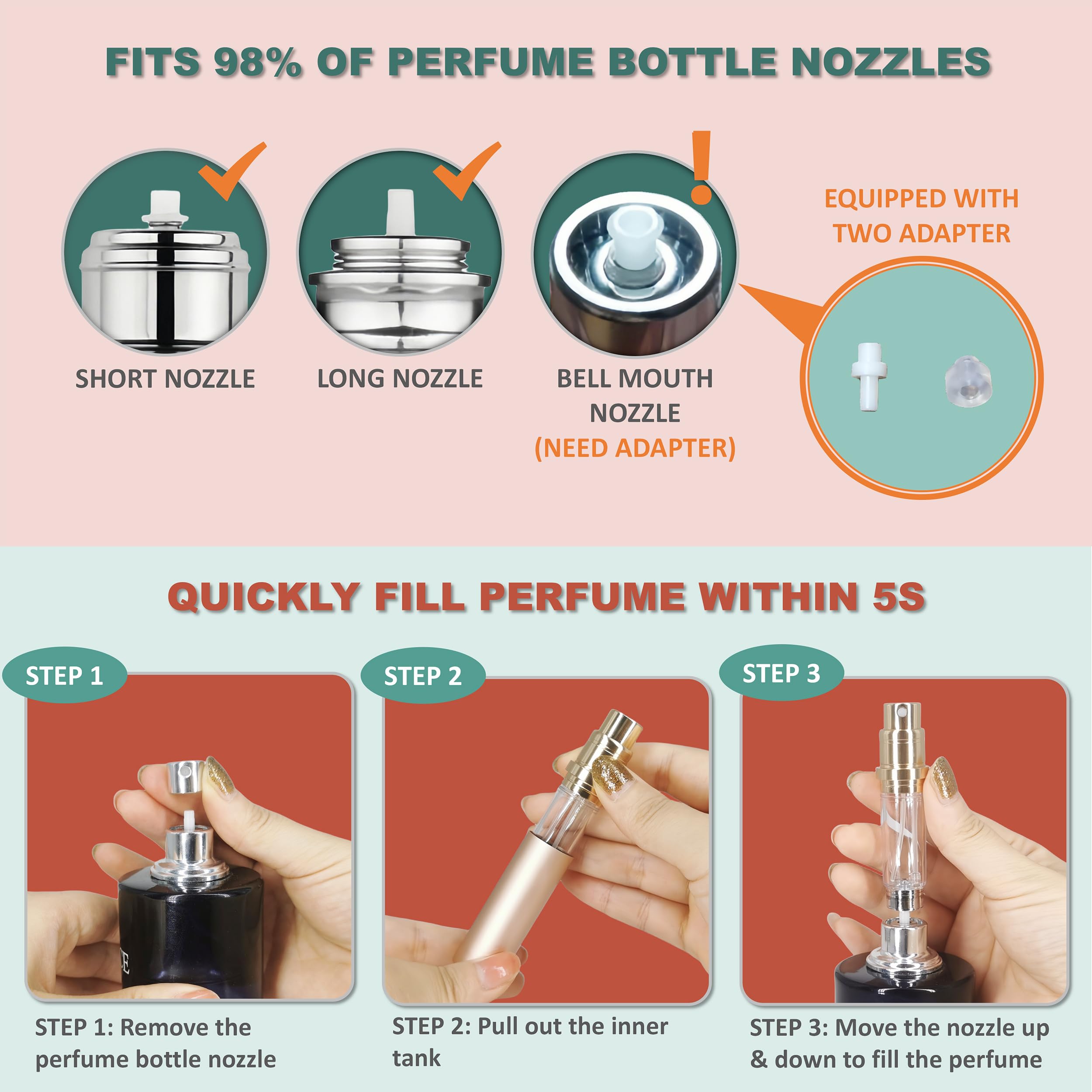 Perfume de viaje botella recargable portátil atomizador botella de fragancia bomba de llenado de la parte inferior Mini bolsa tamaño 5ml para viajar y salir (dorado)