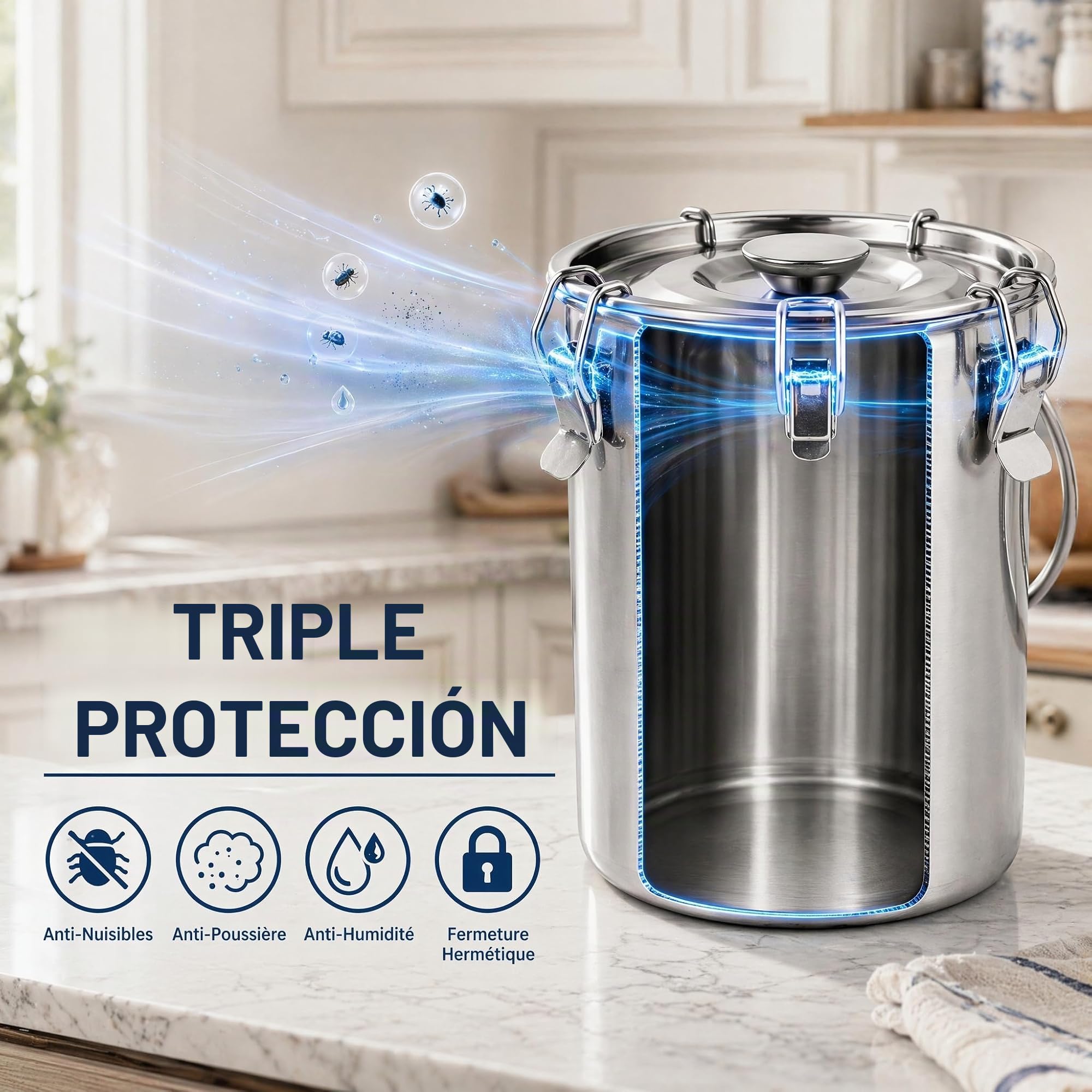 iPlusmile Contenedor de alimentos de cocina de acero inoxidable 3L hermético para cereales, arroz, leche - contenedor de harina con caja