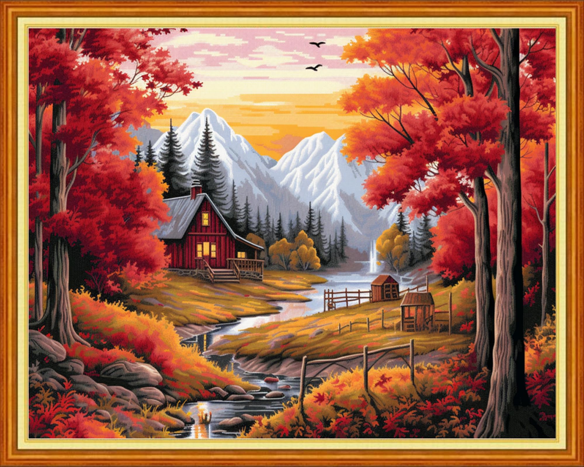 DMCVIVR Stamped Cross Stitch Kits for Beginners Adults Needlepoint Kits for Beginners Embroidery Kits for Adults Crossstitch Kit for Beginners 11CT-Beautiful Late Autumn 16x20 inchs