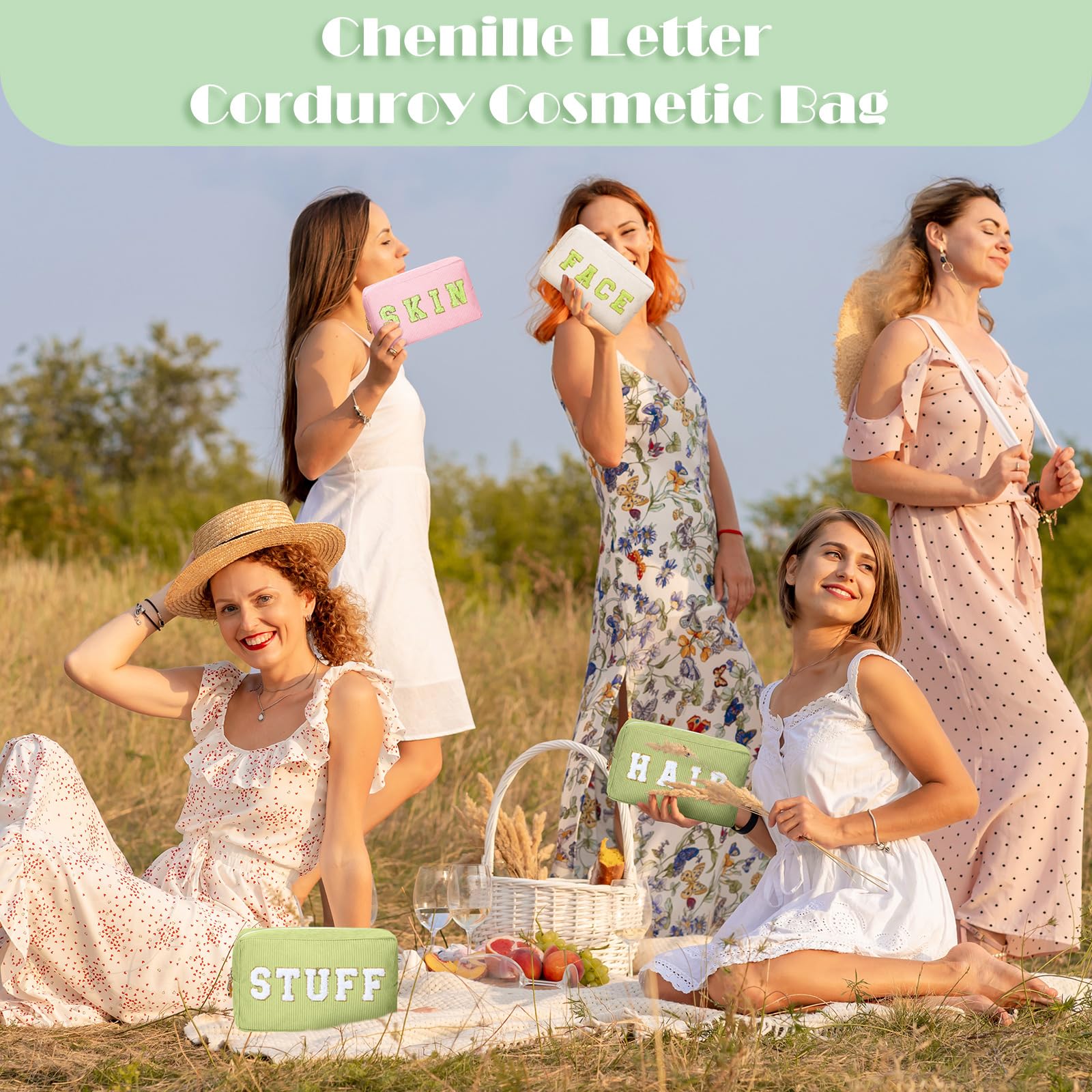 Pinkunn 4-Piece Chenille Letter Cosmetic and Toiletry Bags