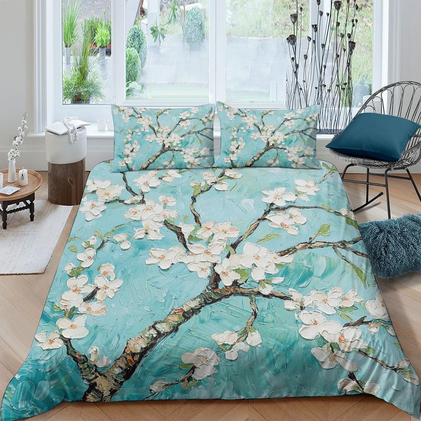 GPLZQXKJNH 3D Printed Almond Blossom Duvet Cover Microfiber Soft Breathable Blue Floral Bedding Set with 2 Pillowcases for Bedroom Decor Single（135x200cm）