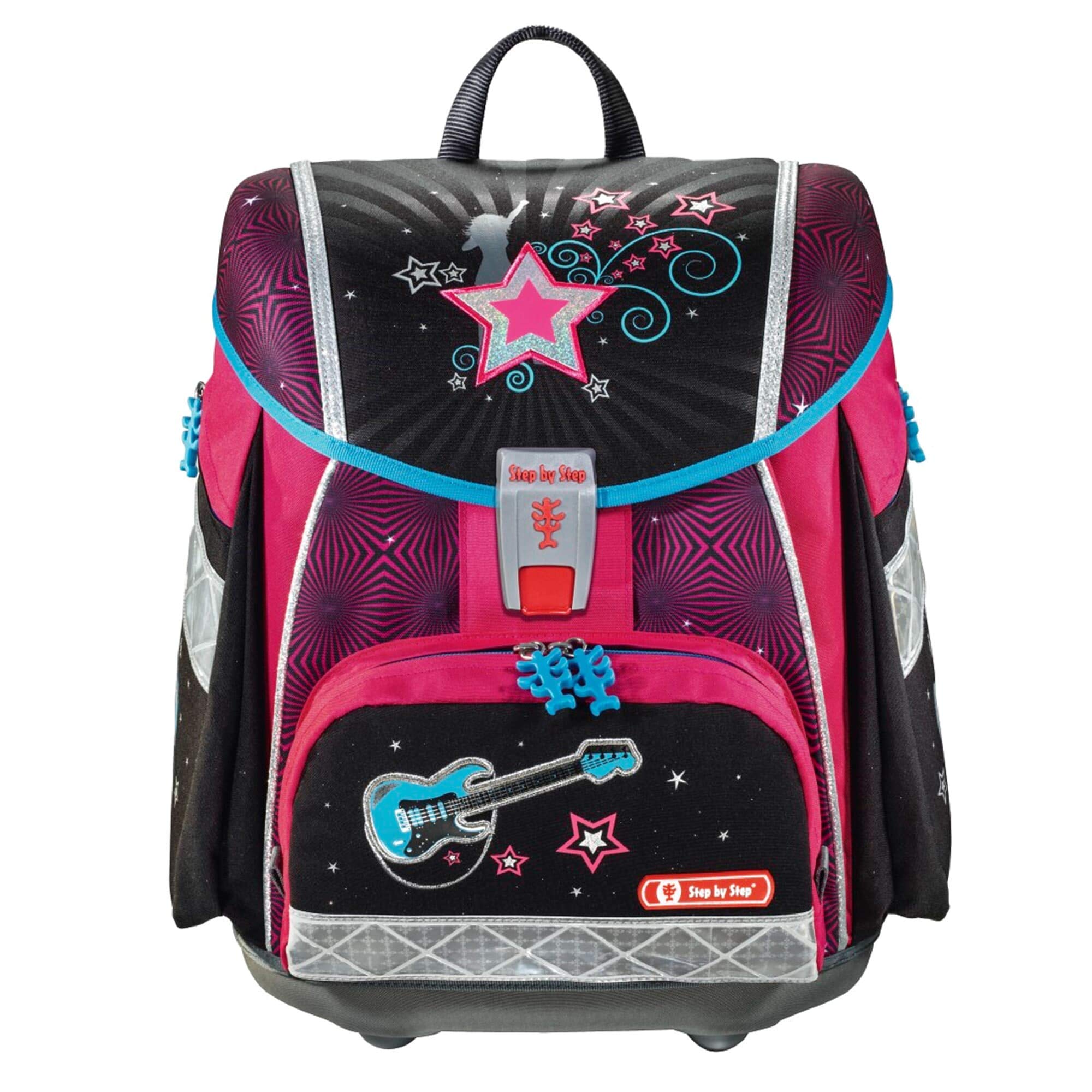 Step by Step Schulranzen-Set Touch 2 „Popstar“ 4-teilig, rosa-schwarz, Sterne-Design, ergonomischer Tornister mit Reflektoren, höhenverstellbar für Mädchen 1. Klasse, 21L
