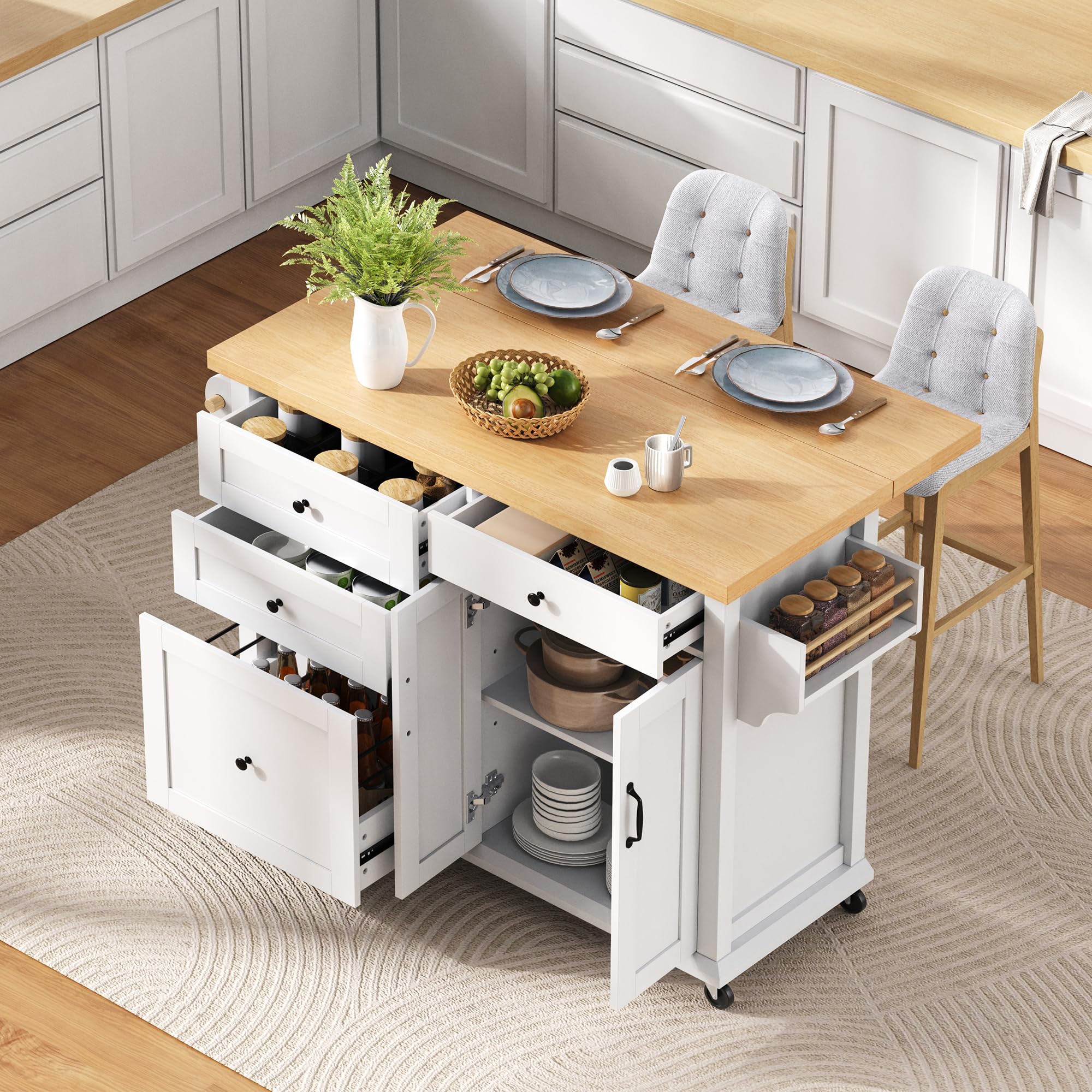 Kebnor Isla de cocina móvil con ruedas y mesa de comedor extensible, carrito de cocina con cajones multifunción, ideal para cocina y comedor (blanco)